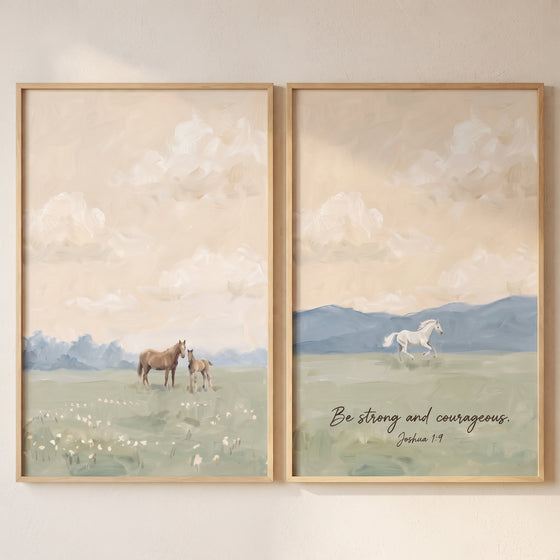 Muted impressionist landscape horse wall art set of 2 with brown and white horses and a biblical verse in wooden frames.