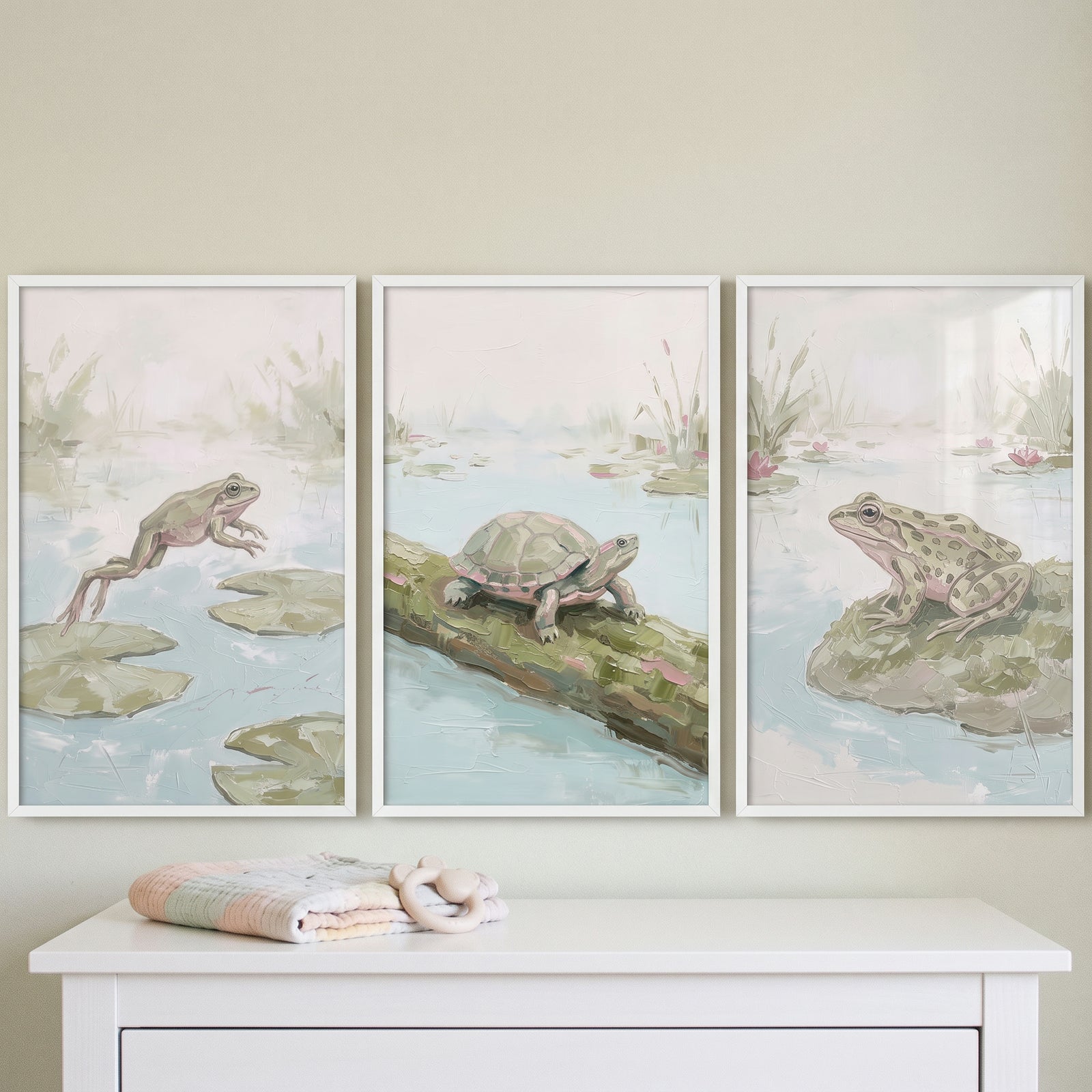 Muted impressionist pond wildlife animals wall art set of 3 with a jumping frog, turtle on a log, and sitting frog.