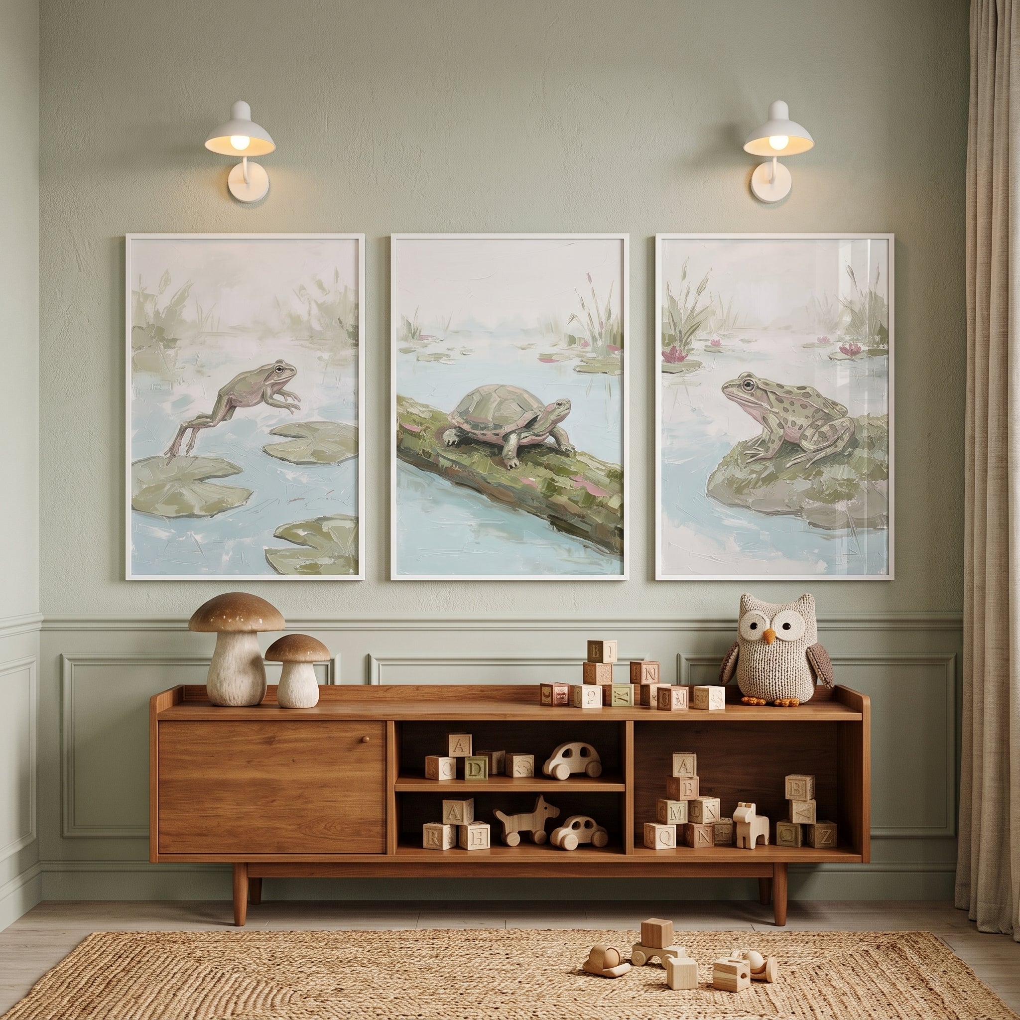 Muted Impressionist Pond Wildlife Animals Wall Art Set Of 3 - Pond Life Trio
