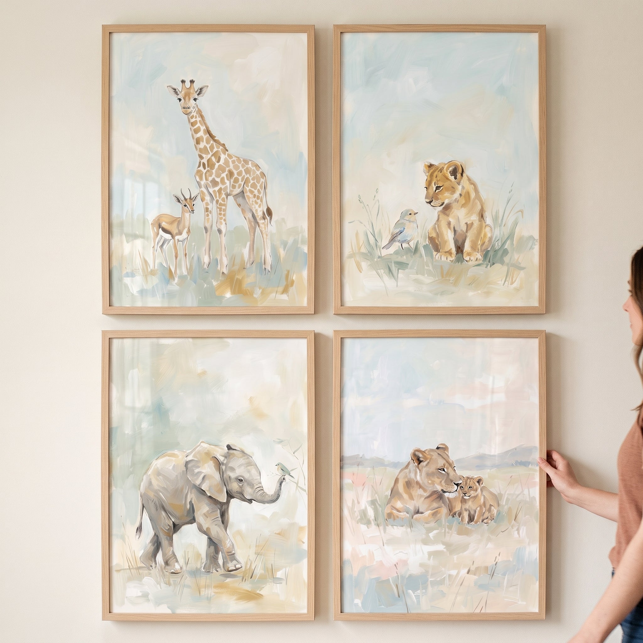 Muted Impressionist Safari Animals Wall Art Set of 4 - Gentle Safari Friends