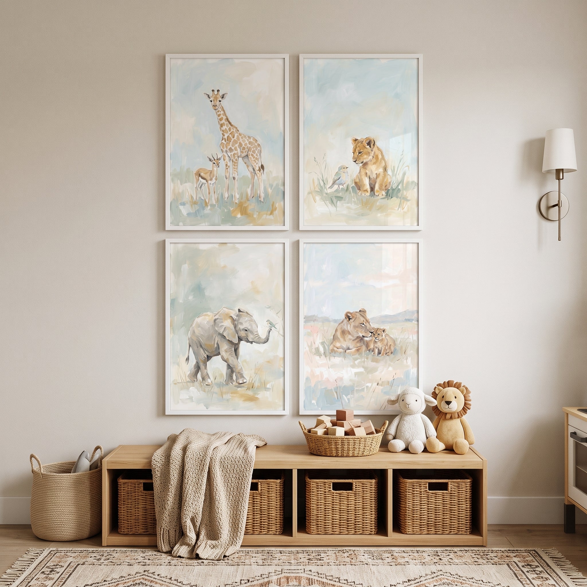 Muted Impressionist Safari Animals Wall Art Set of 4 - Gentle Safari Friends