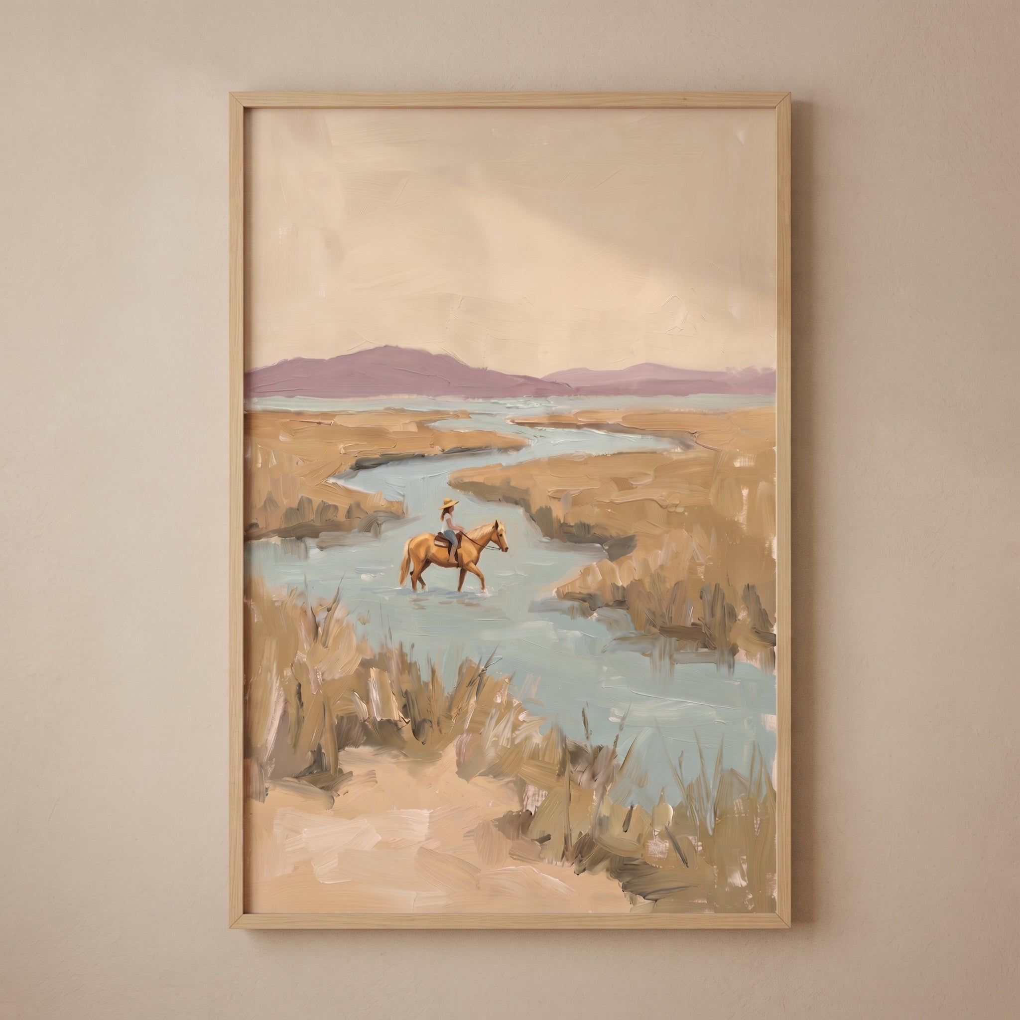 Muted Landscape Horse Rider Wall Art - Serene Marsh Crossing