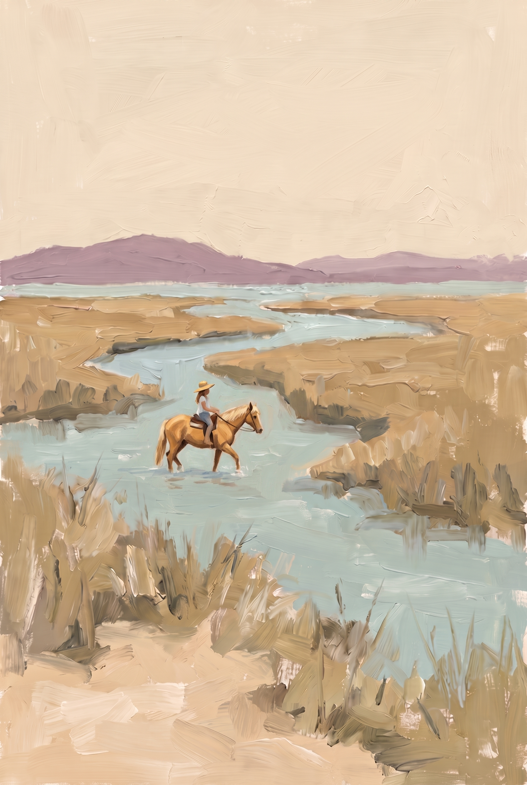 Muted Landscape Horse Rider Wall Art - Serene Marsh Crossing