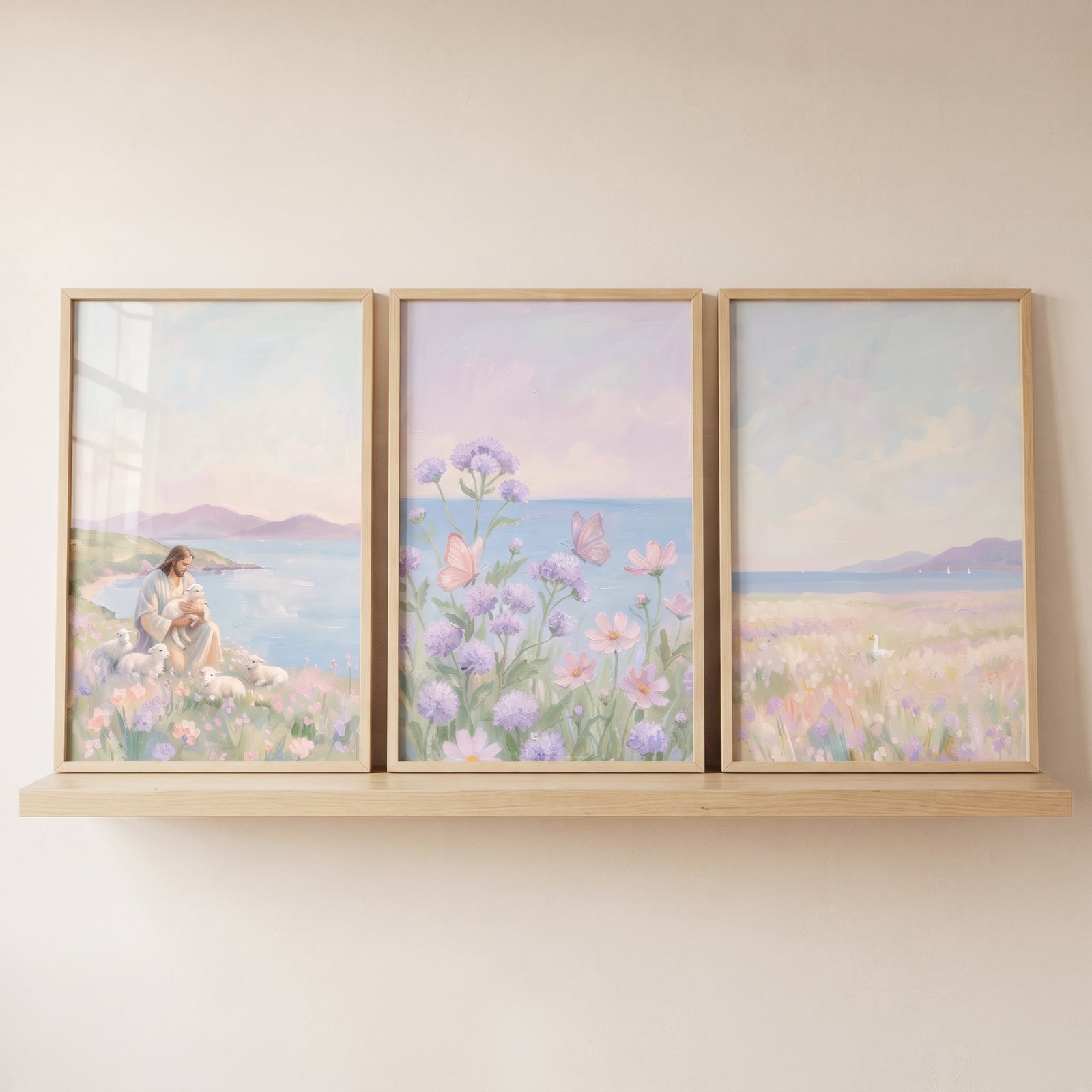 Jesus with lambs and butterflies in a muted lavender meadow coastal wall art set of 3 displayed on a wooden shelf.