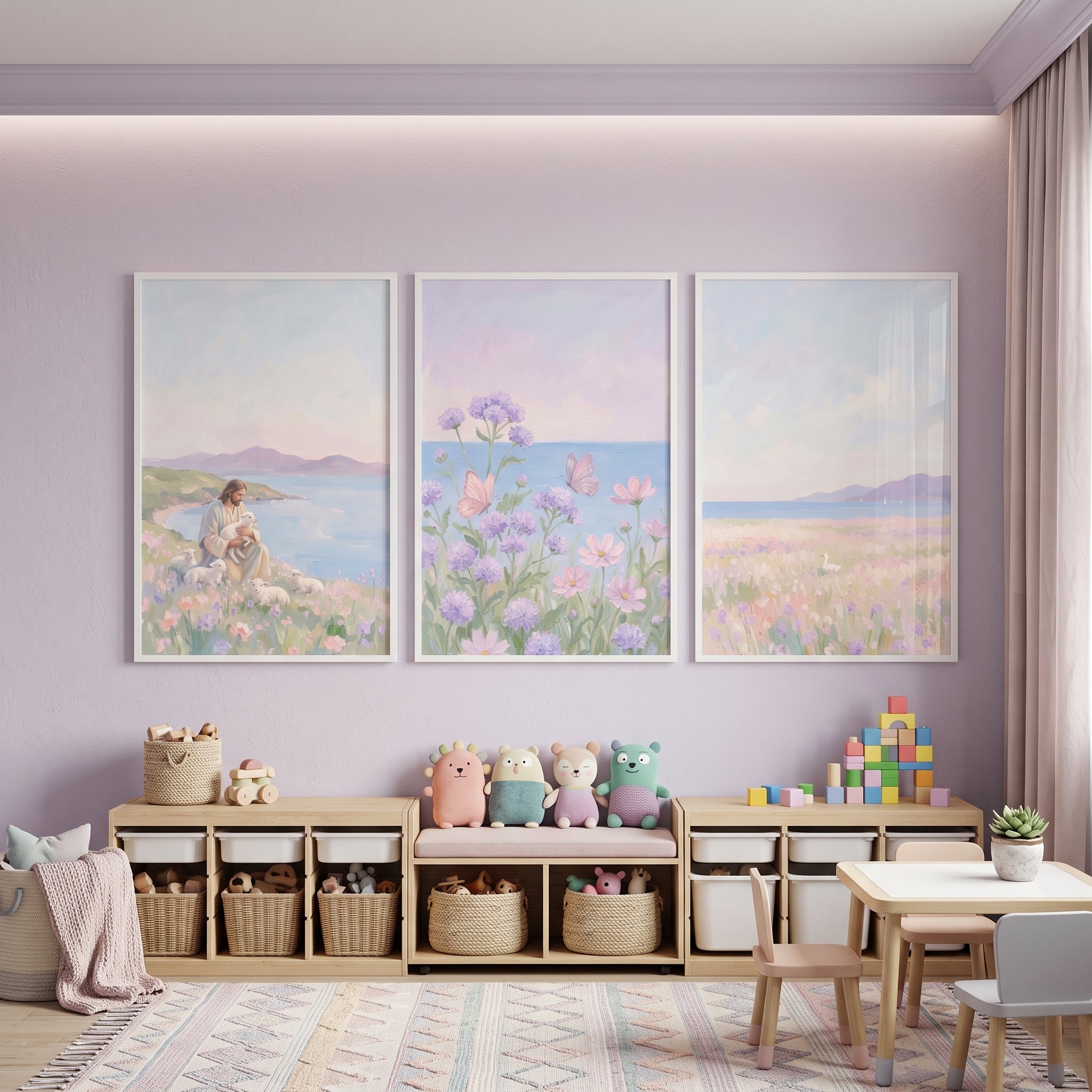 Muted Lavender Meadow Coastal Wall Art Set of 3 - Jesus Coastal Grace