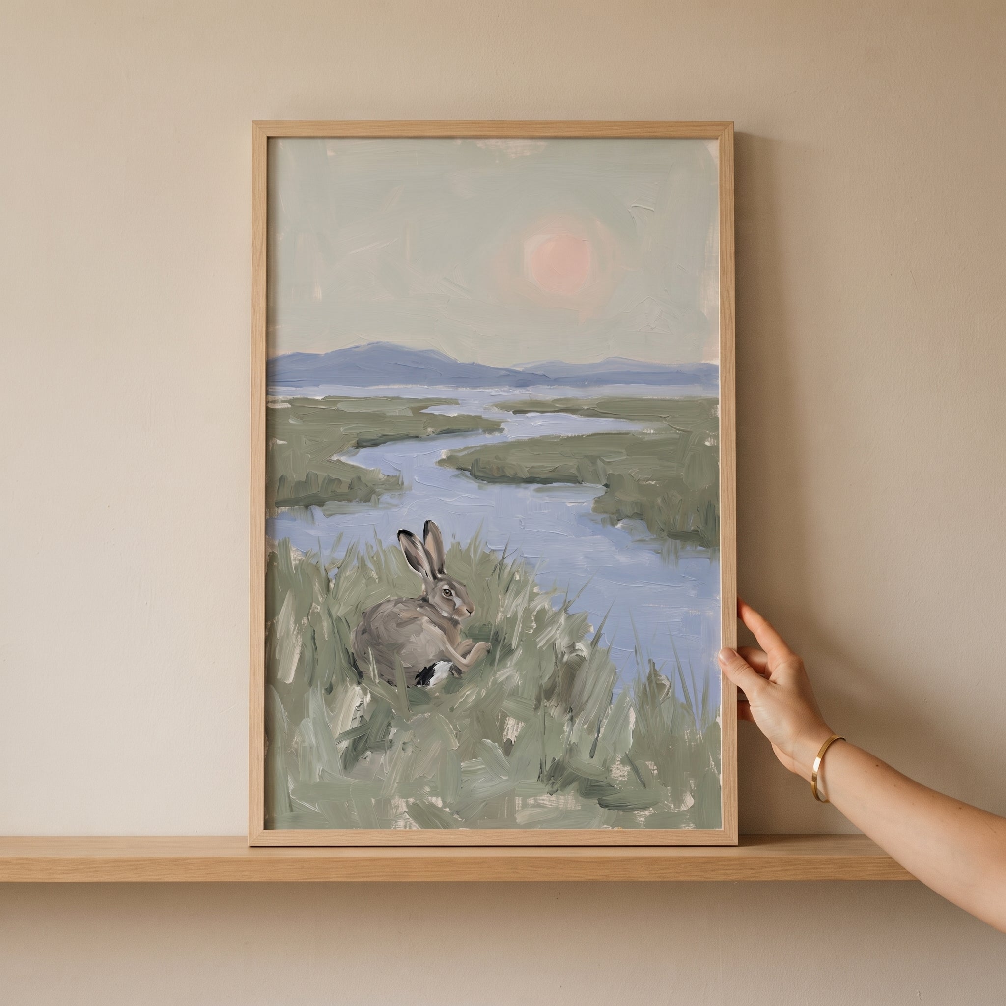 Muted Marsh Sitting Bunny Wall Art - Serene Marsh Hare