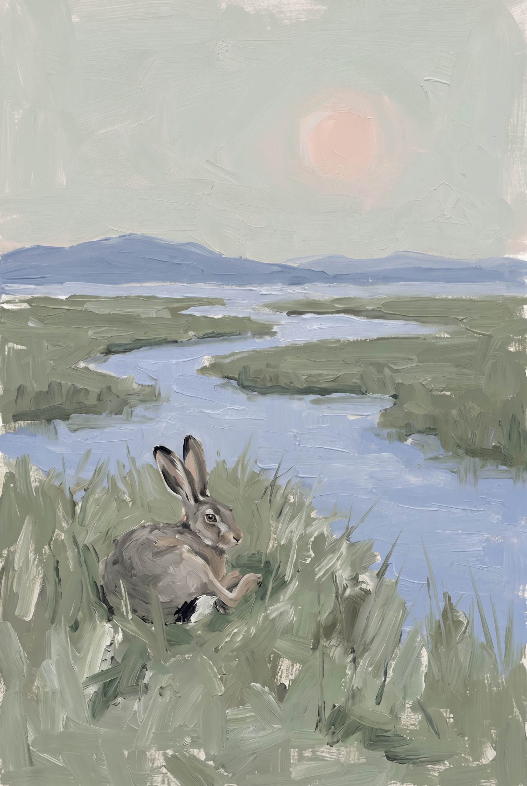 Muted Marsh Sitting Bunny Wall Art - Serene Marsh Hare