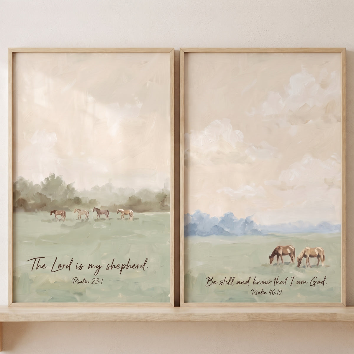 Muted Meadow Scripture Horse Wall Art Set of 2 - Pastoral Psalm Landscapes