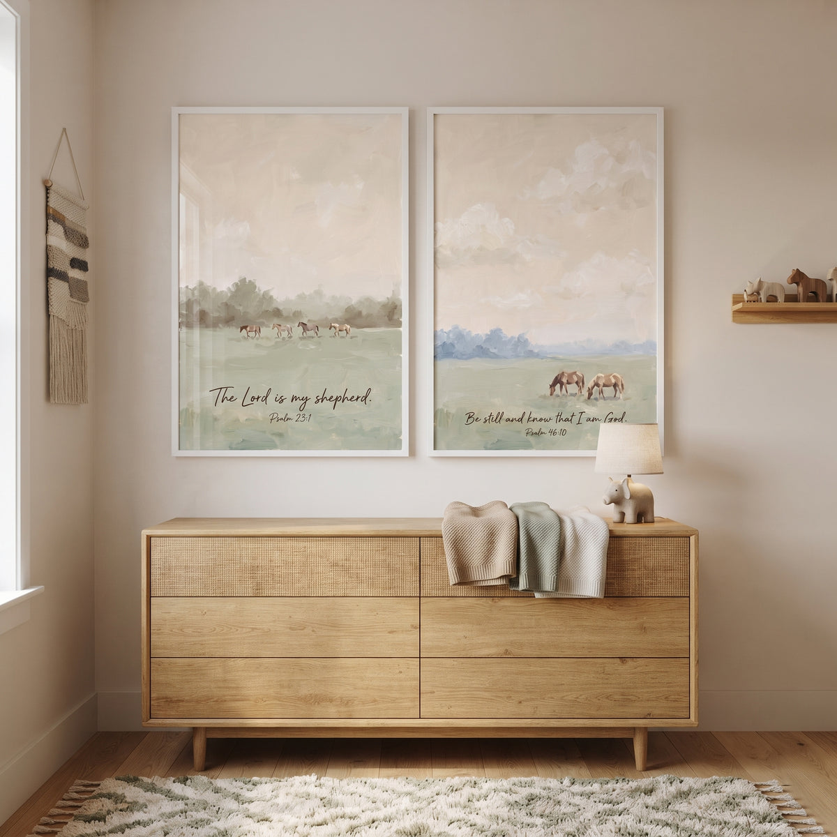 Muted Meadow Scripture Horse Wall Art Set of 2 - Pastoral Psalm Landscapes