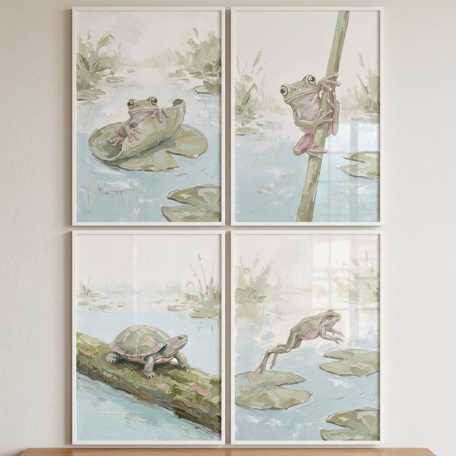 Muted mossy pond animals wall art set of 4 featuring frogs and a turtle in a soft wetland scene.