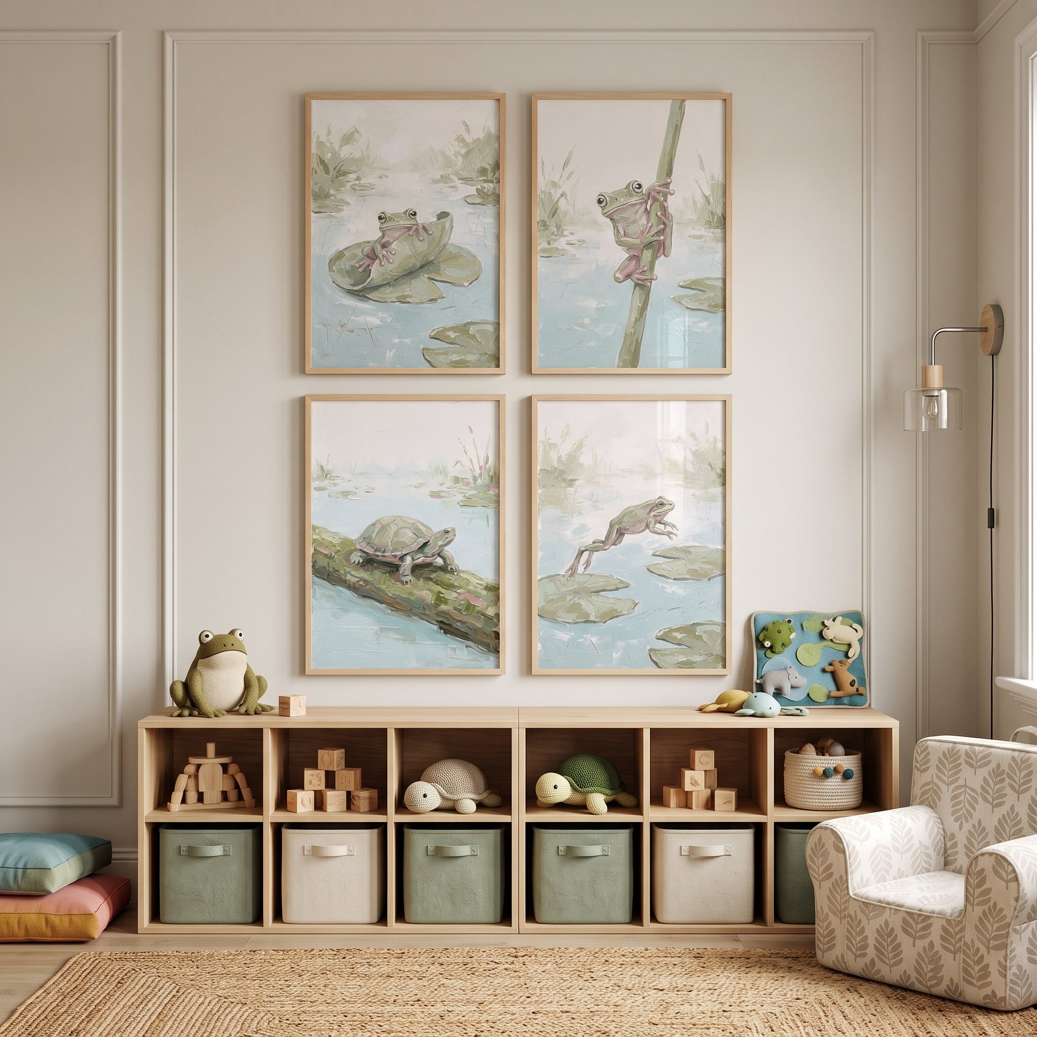 Muted Mossy Pond Animals Wall Art Set Of 4 - Wetland Wonders