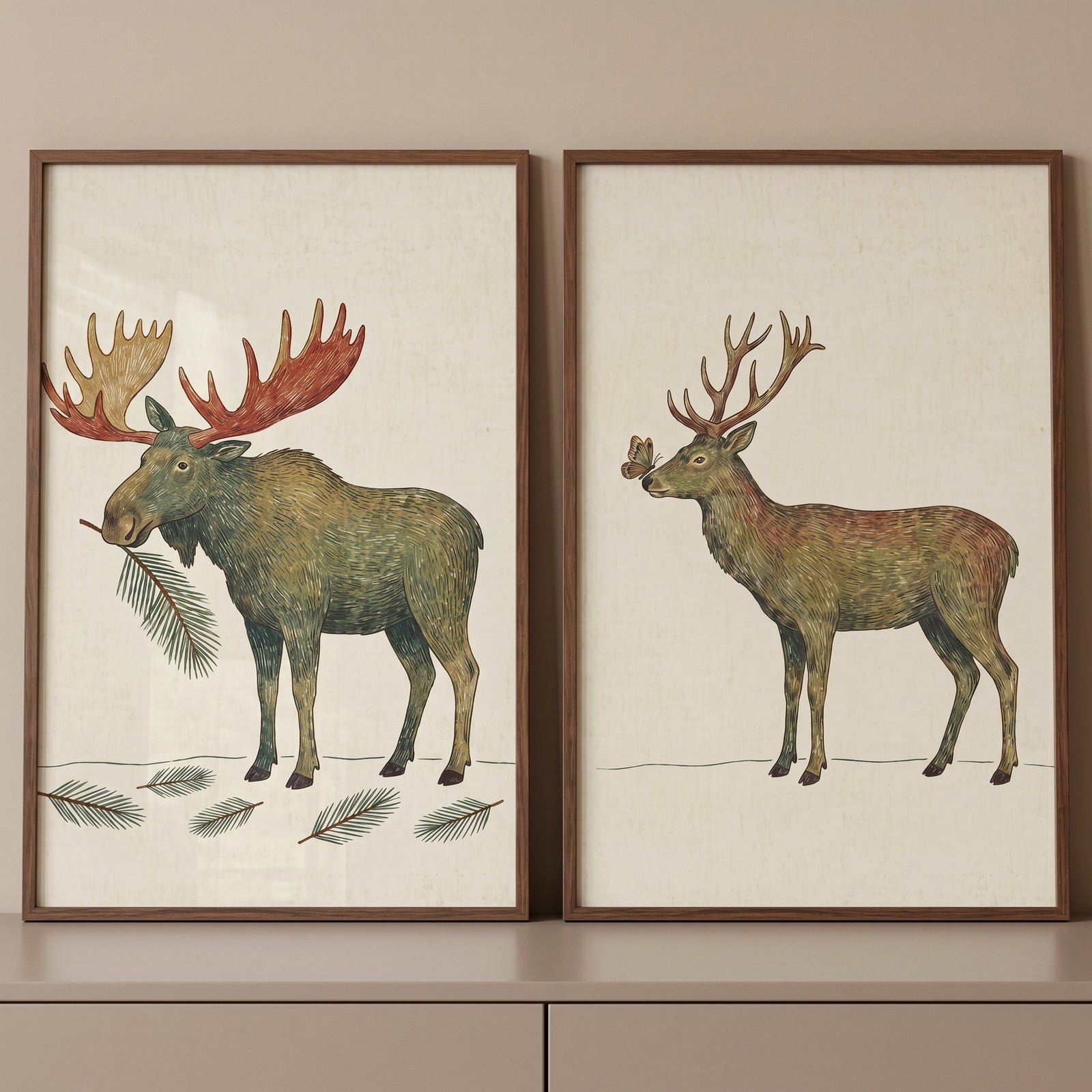 Muted natural forest animals wall art set of 2 featuring a moose with a branch and a deer with a butterfly.