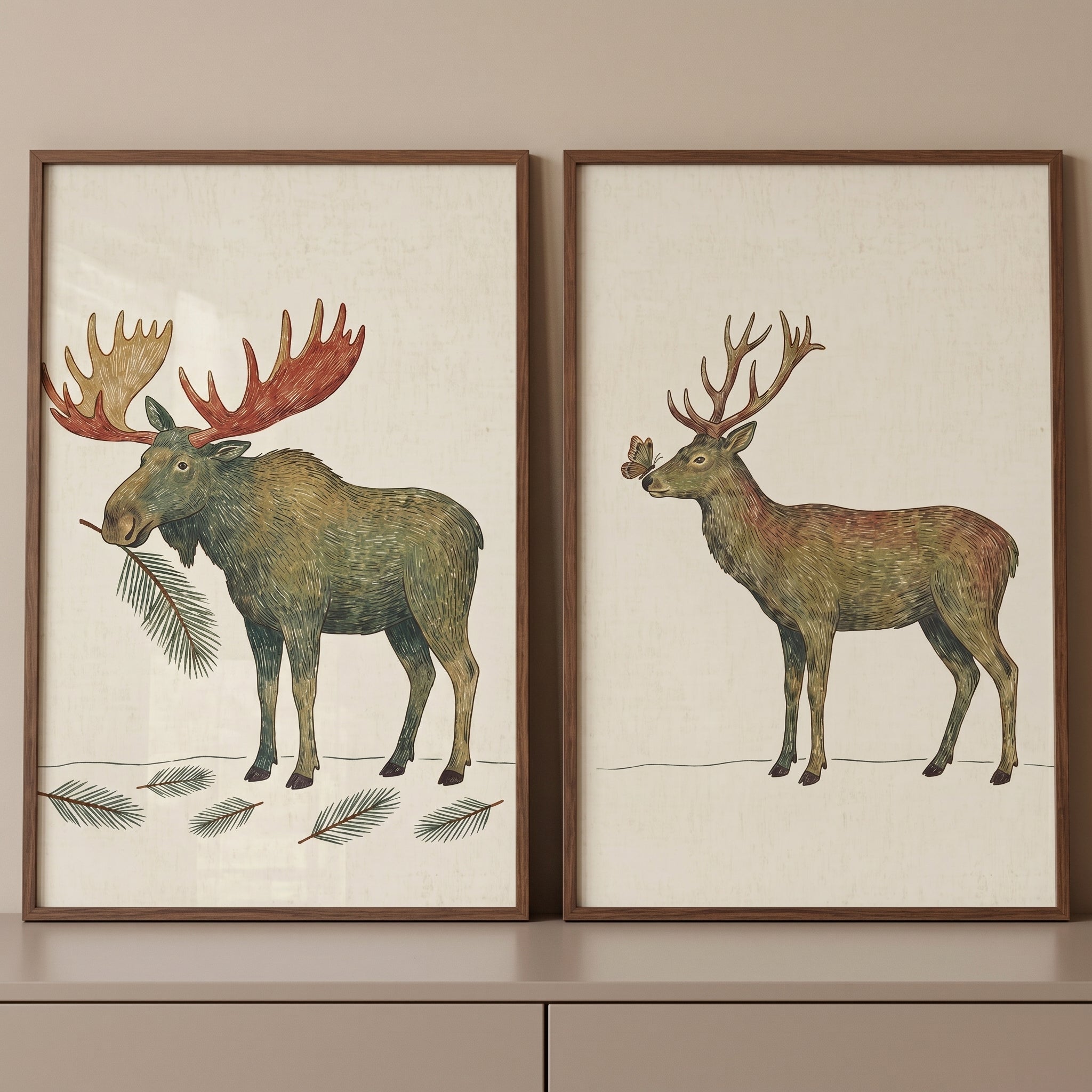 Muted Natural Forest Animals Wall Art Set of 2 - Majestic Forest Duo