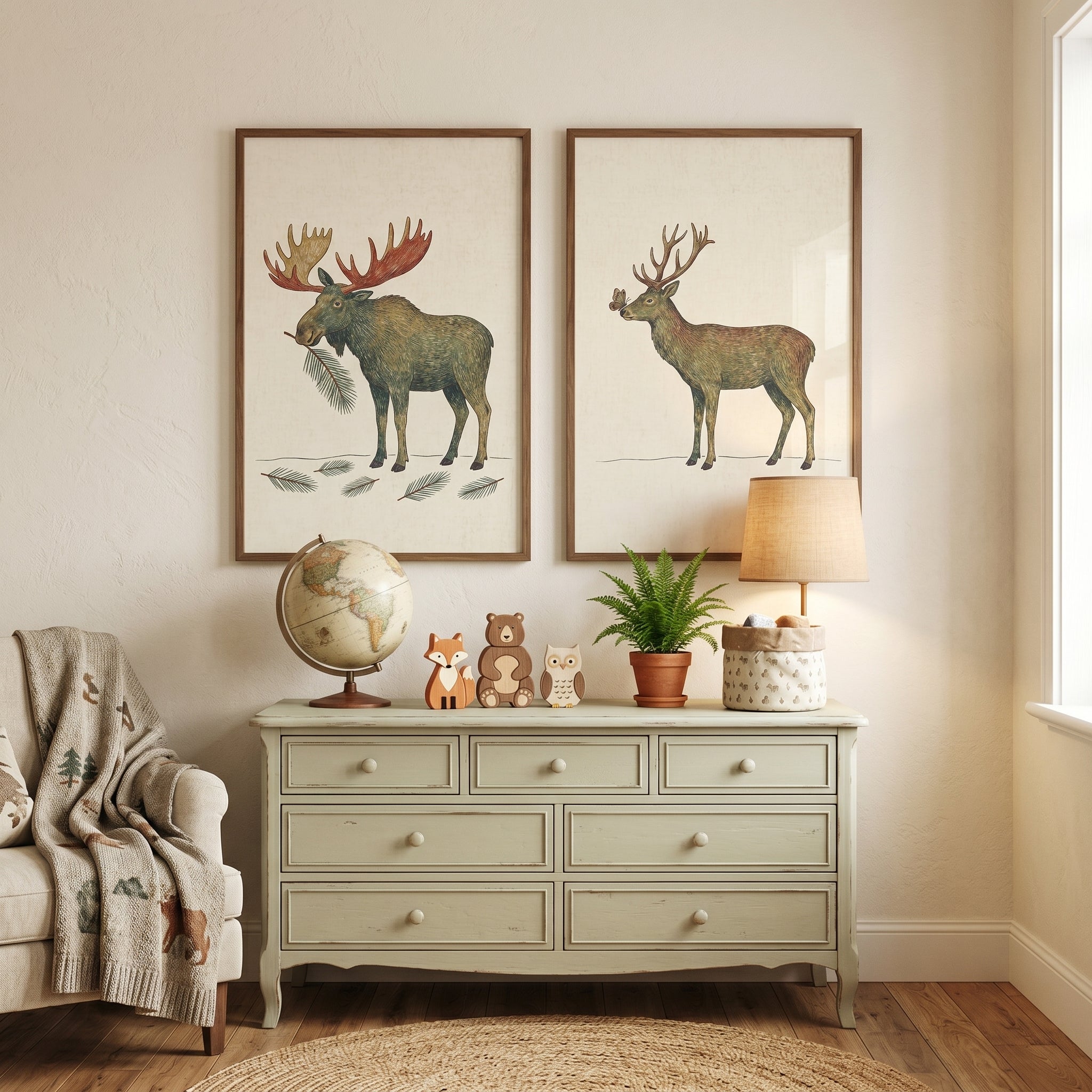 Muted Natural Forest Animals Wall Art Set of 2 - Majestic Forest Duo