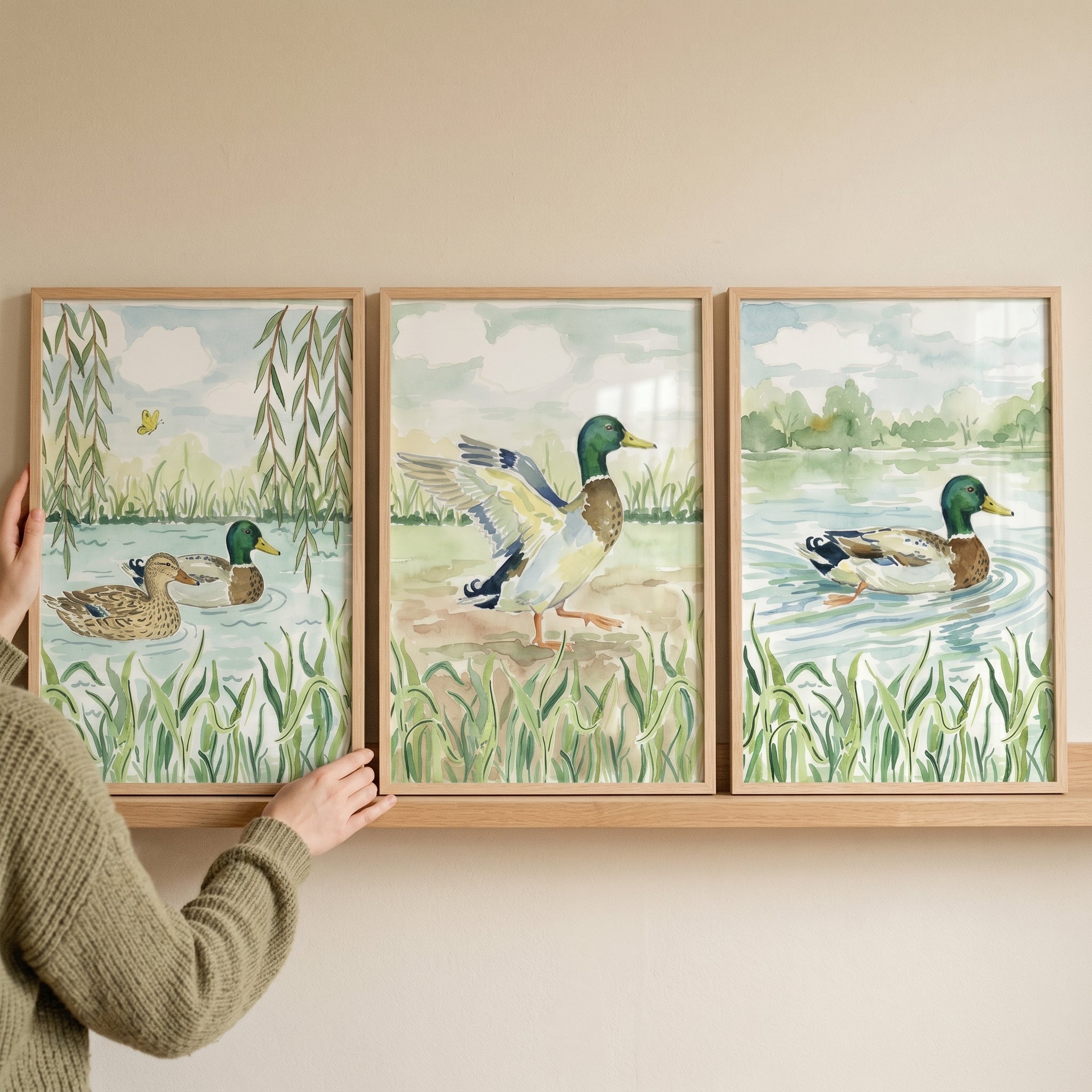 Muted Nature Mallard Duck Artwork Set of 3 - Mallard Pond Trio