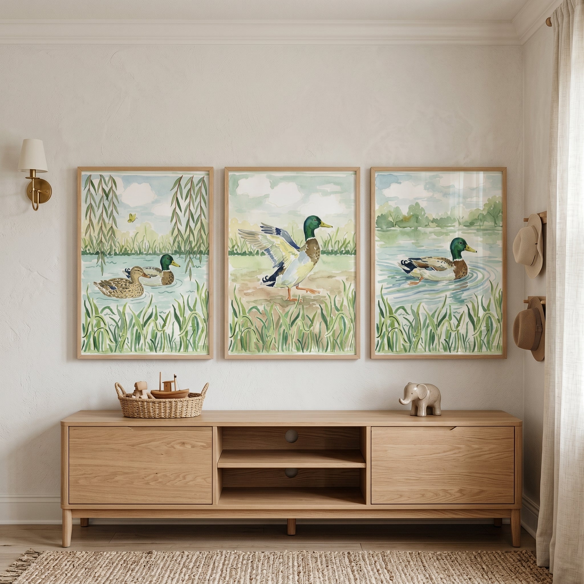 Muted Nature Mallard Duck Artwork Set of 3 - Mallard Pond Trio