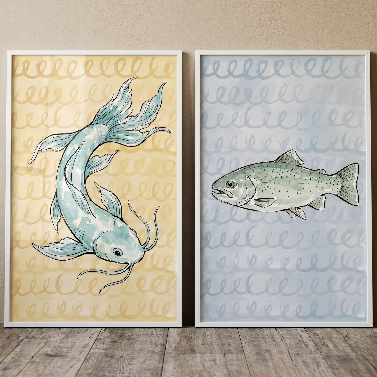 Muted nautical sketch fish wall art set of 2 shows a stylized catfish on yellow and a trout on blue with swirl patterns.