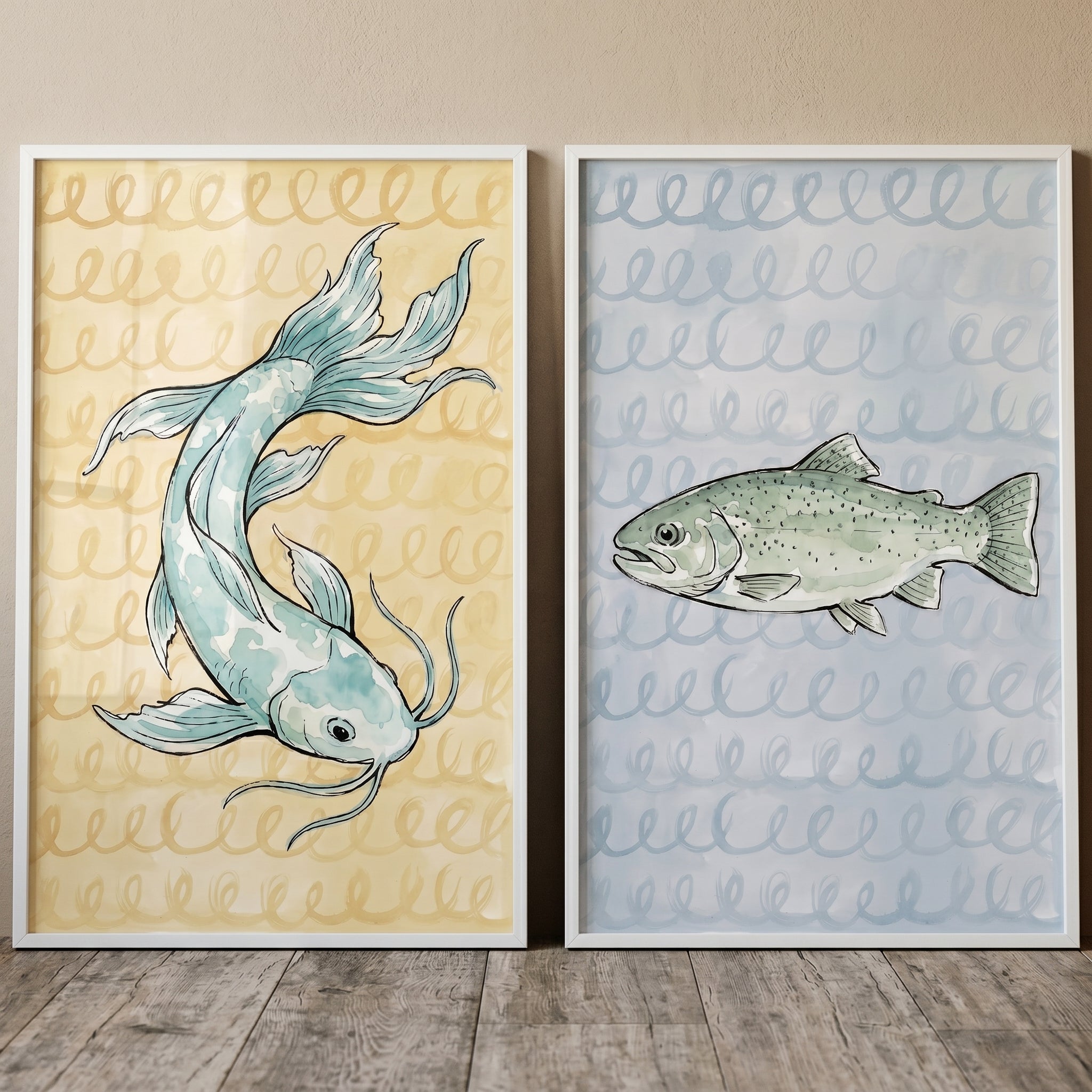 Muted Nautical Sketch Fish Wall Art Set of 2 - Aquatic Swirl Pair