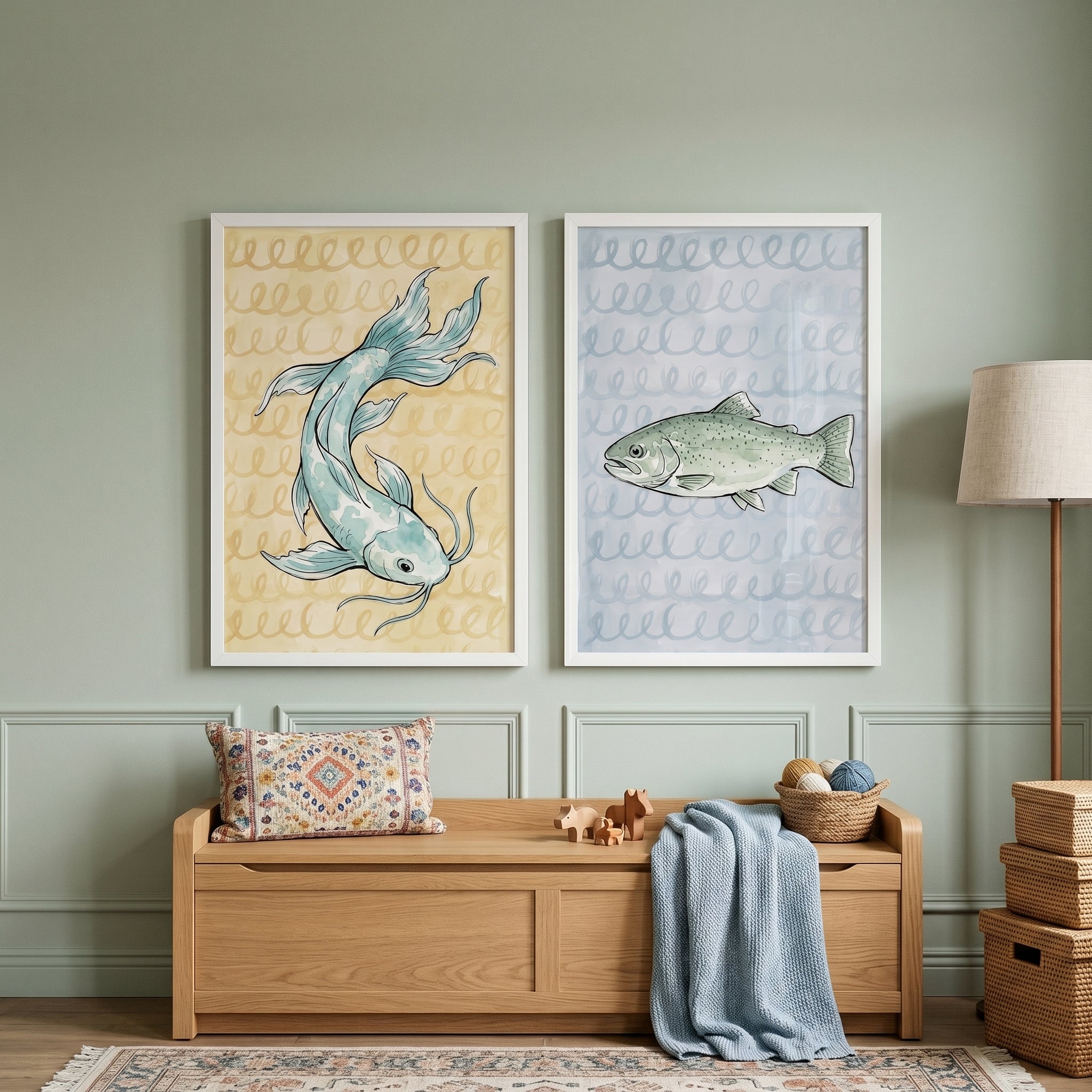 Muted Nautical Sketch Fish Wall Art Set of 2 - Aquatic Swirl Pair