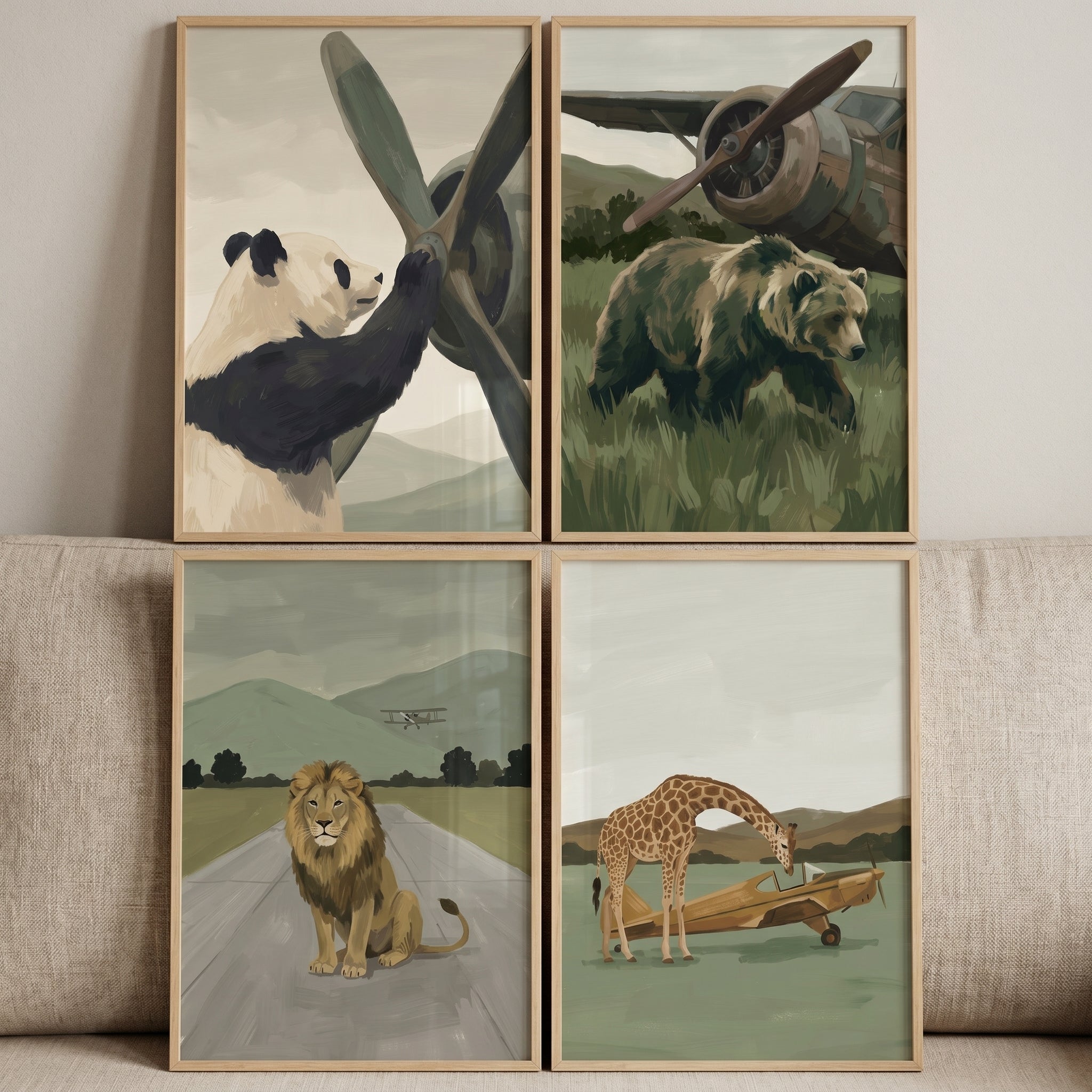 Muted Neutral Airplane Animal Wall Art Set of 4 - Animal Aviator Series