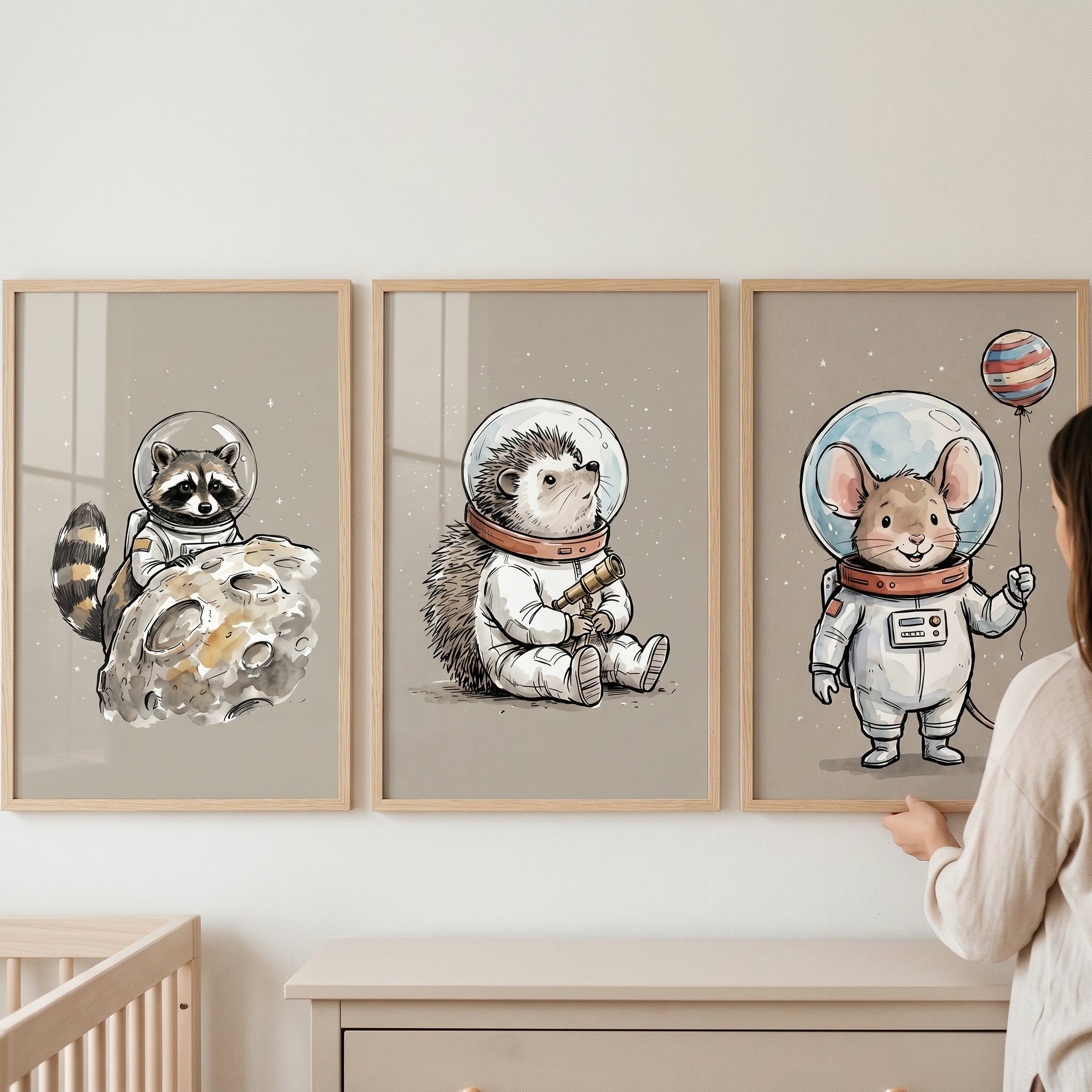 Muted Neutral Astronaut Animal Wall Art Set of 3 - Tiny Space Explorers