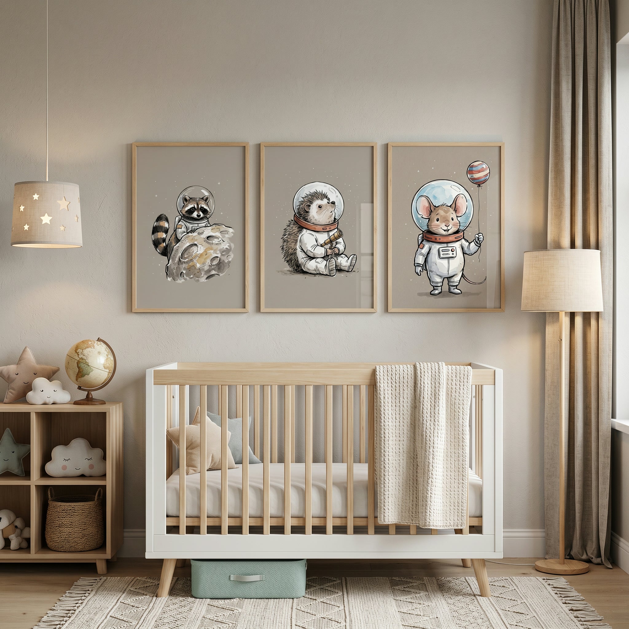 Muted Neutral Astronaut Animal Wall Art Set of 3 - Tiny Space Explorers
