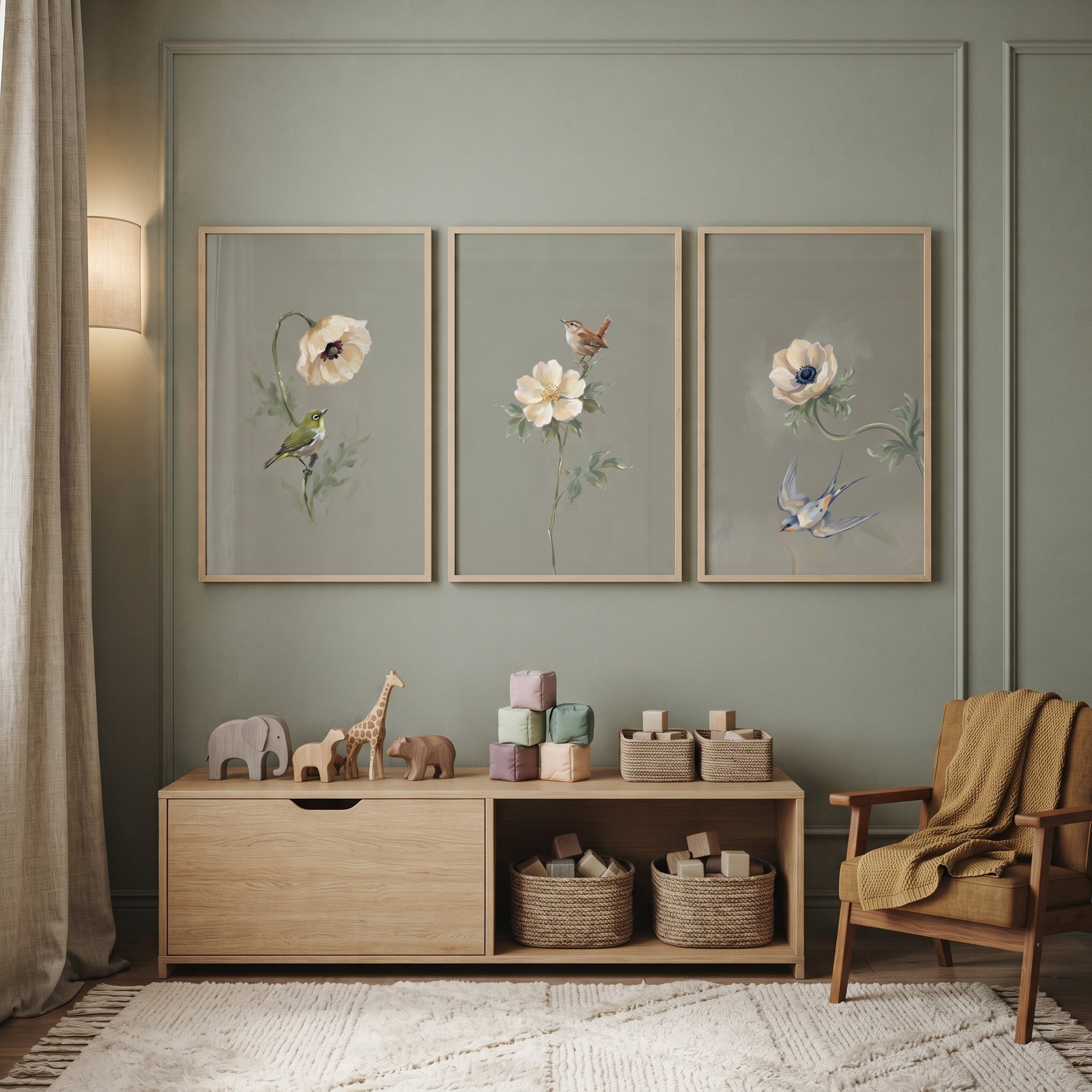 Muted Neutral Botanical Bird Print Set of 3 - Serene Avian Trio