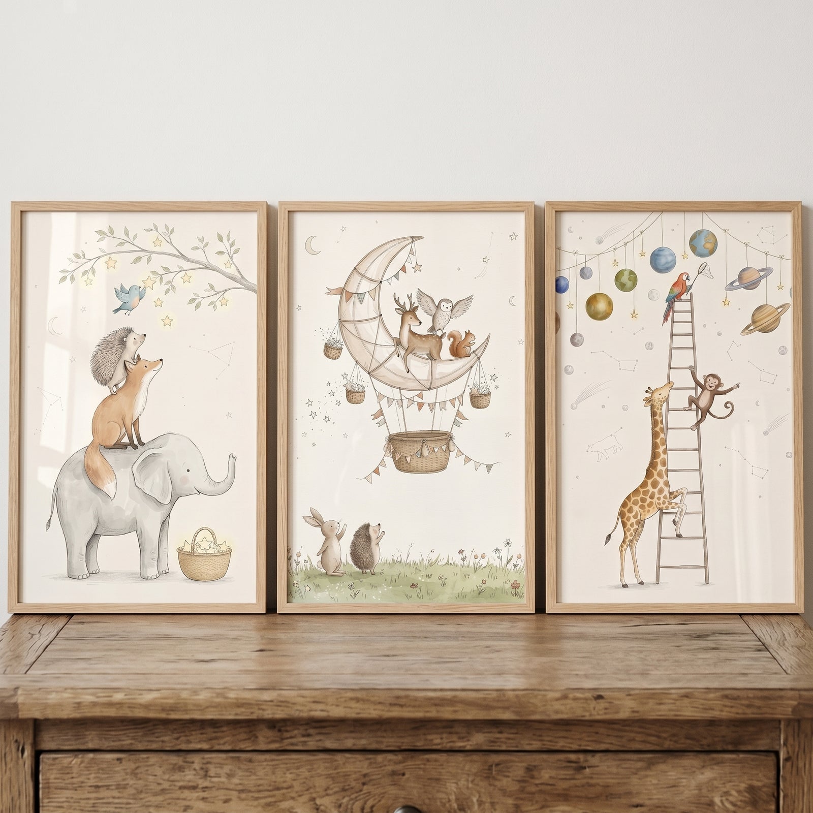 Muted neutral celestial animals wall art set of 3 featuring an elephant, a moon balloon, and a giraffe on a ladder.