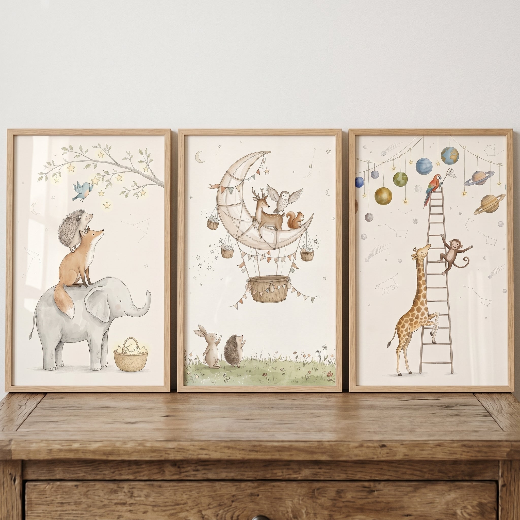 Muted Neutral Celestial Animals Wall Art Set of 3 - Woodland Space Adventures