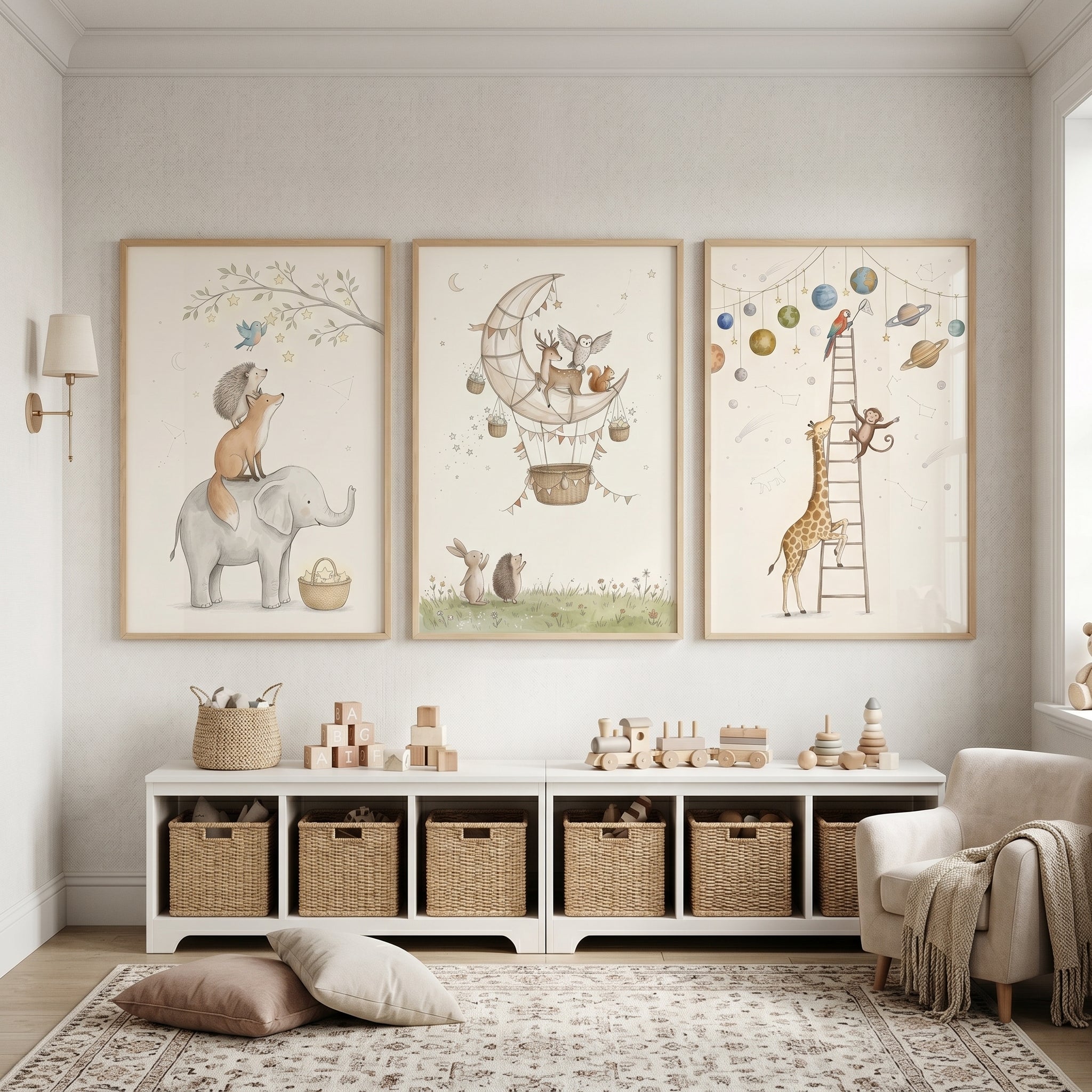 Muted Neutral Celestial Animals Wall Art Set of 3 - Woodland Space Adventures