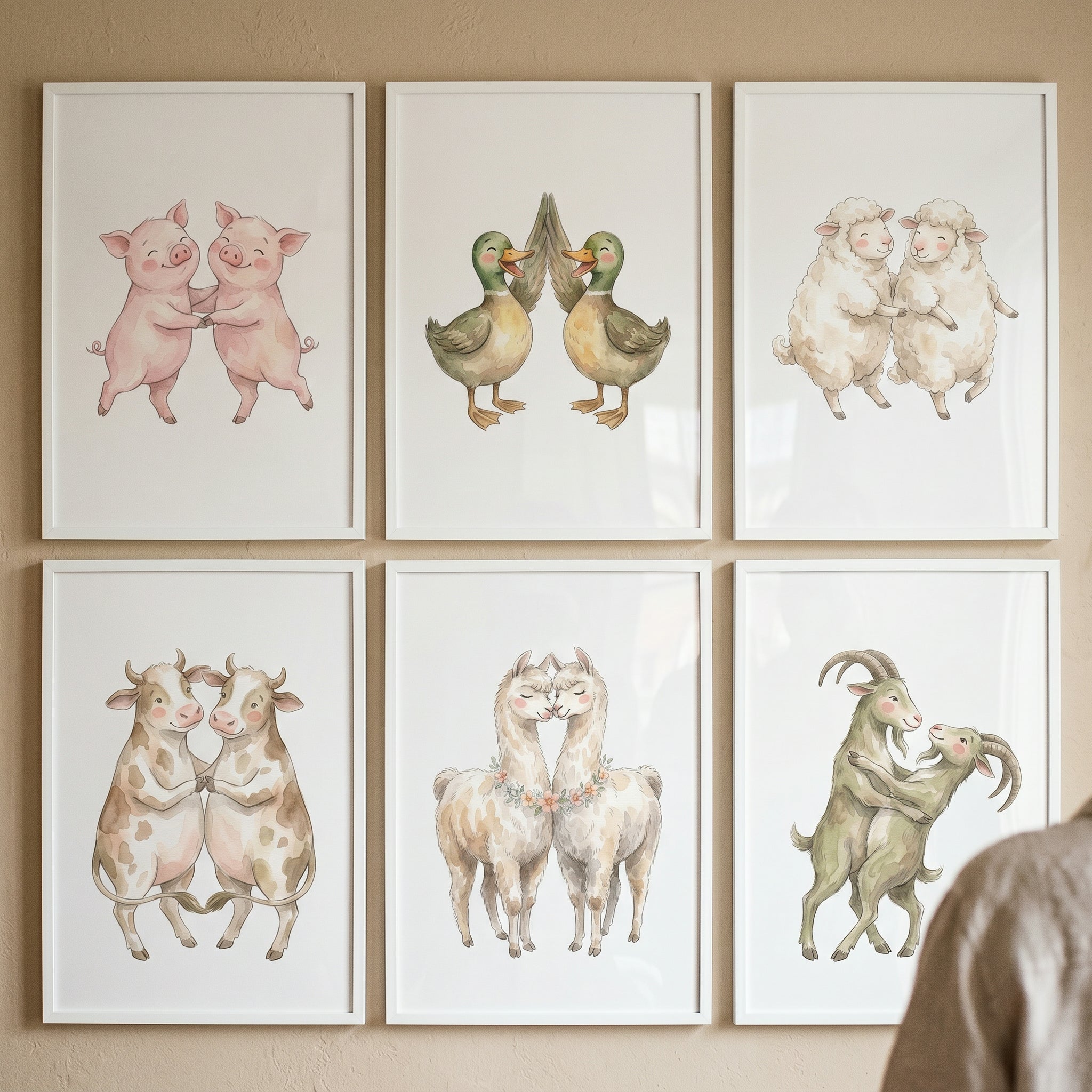 Muted Neutral Farm Animal Wall Art Set of 6 - Happy Barnyard Duos