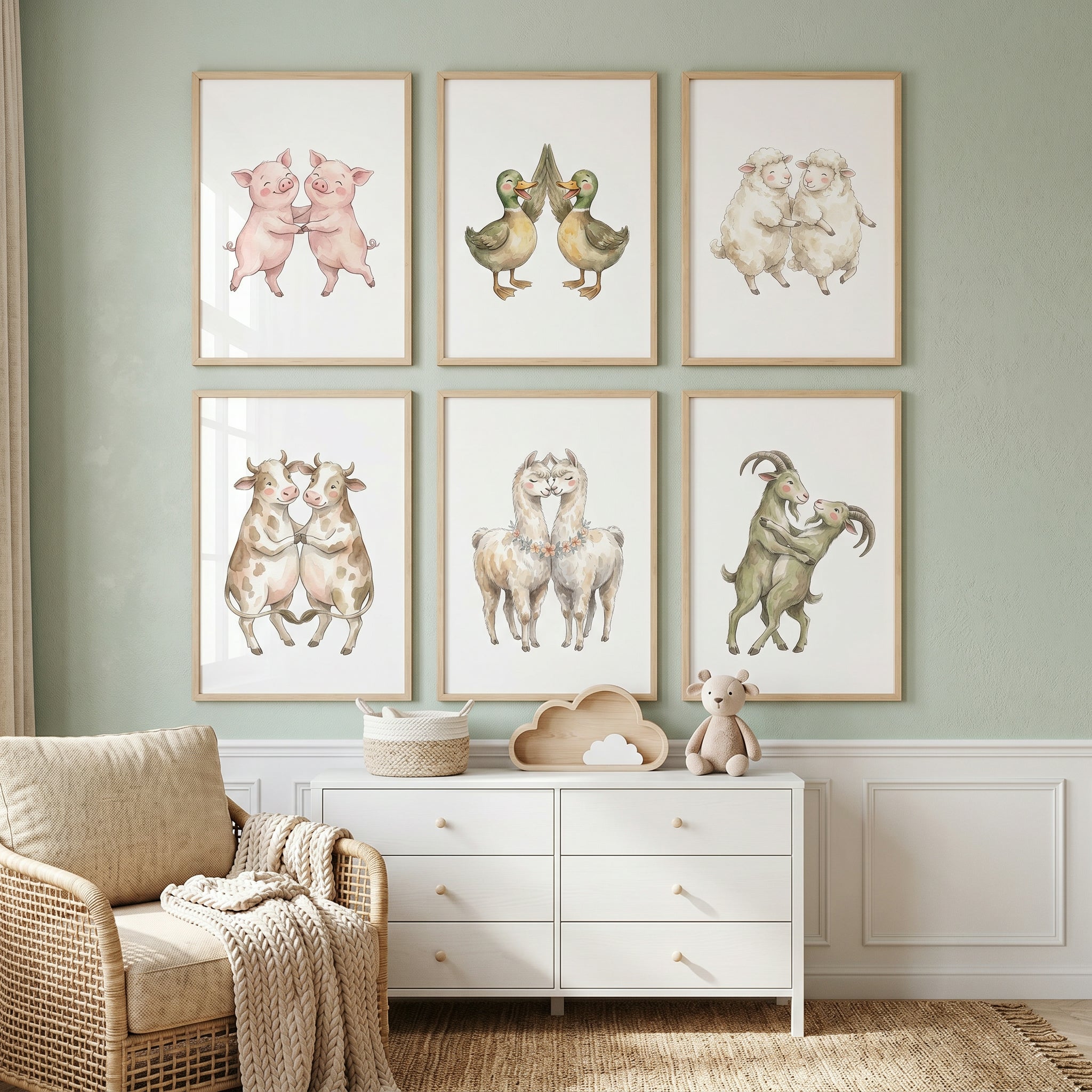 Muted Neutral Farm Animal Wall Art Set of 6 - Happy Barnyard Duos