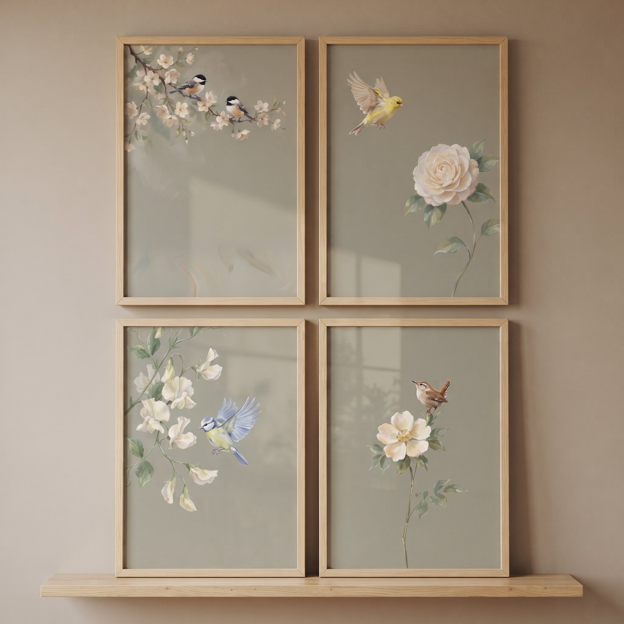 Muted Neutral Floral Bird Wall Art Set of 4 - Garden Songbirds