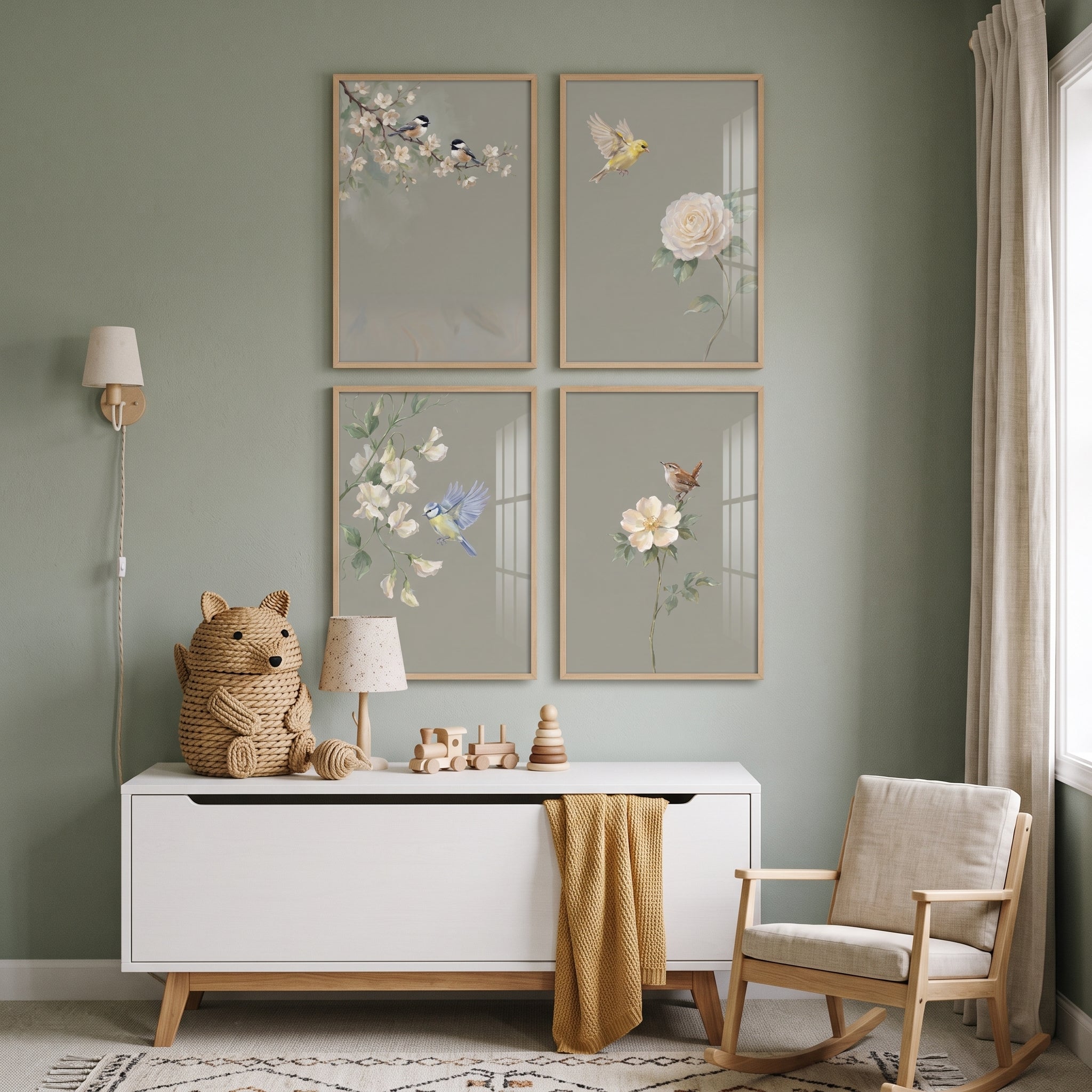 Muted Neutral Floral Bird Wall Art Set of 4 - Garden Songbirds