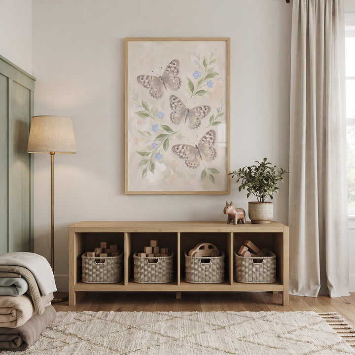 Muted neutral speckled butterfly wall art hangs above a wooden storage bench with woven baskets in a light-filled room.