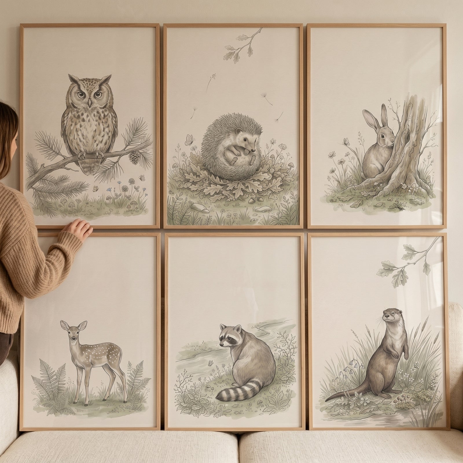 Muted neutral woodland animal wall art set of 6 featuring an owl, hedgehog, rabbit, deer, raccoon, and otter.