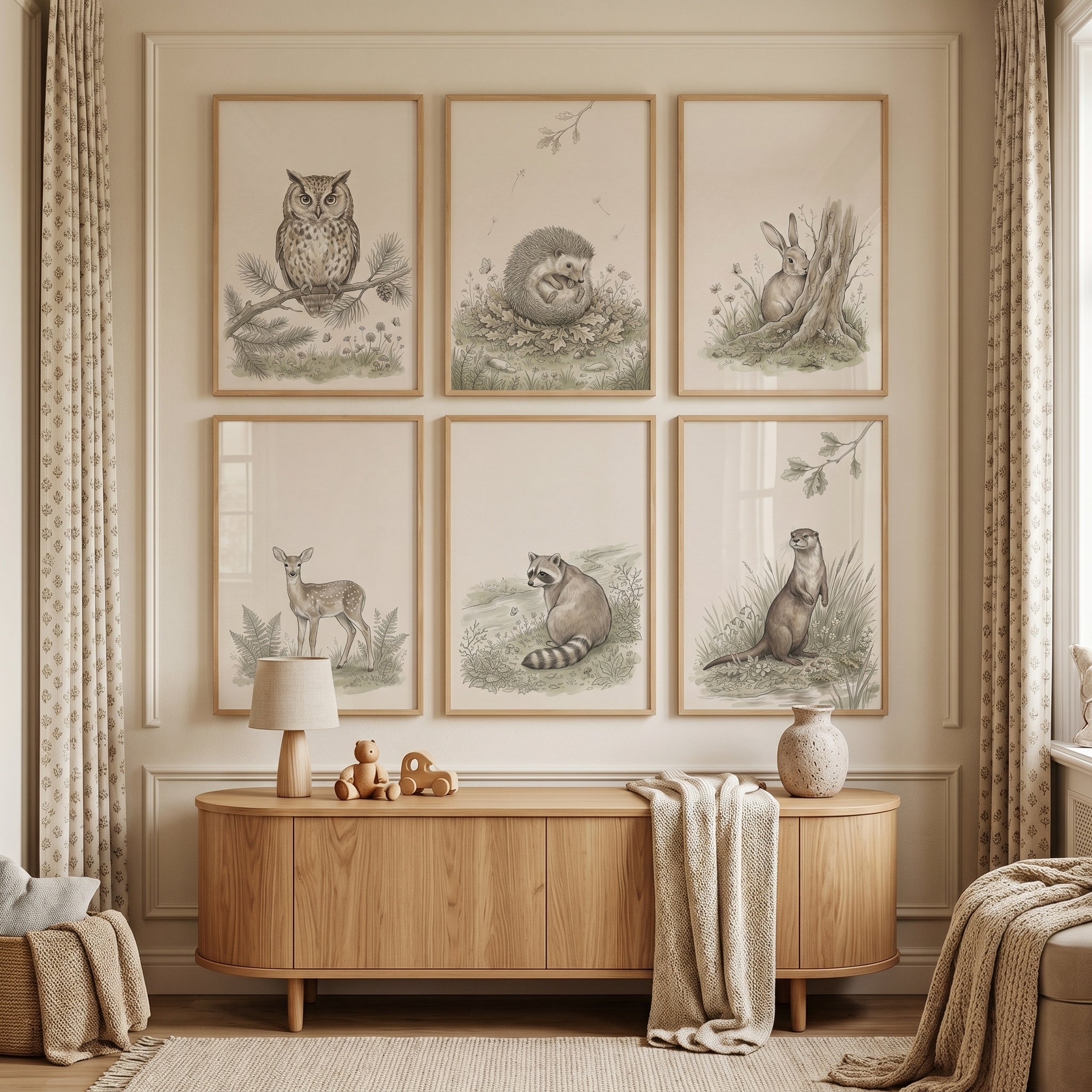 Muted Neutral Woodland Animal Wall Art Set of 6 - Woodland Animal Sketches