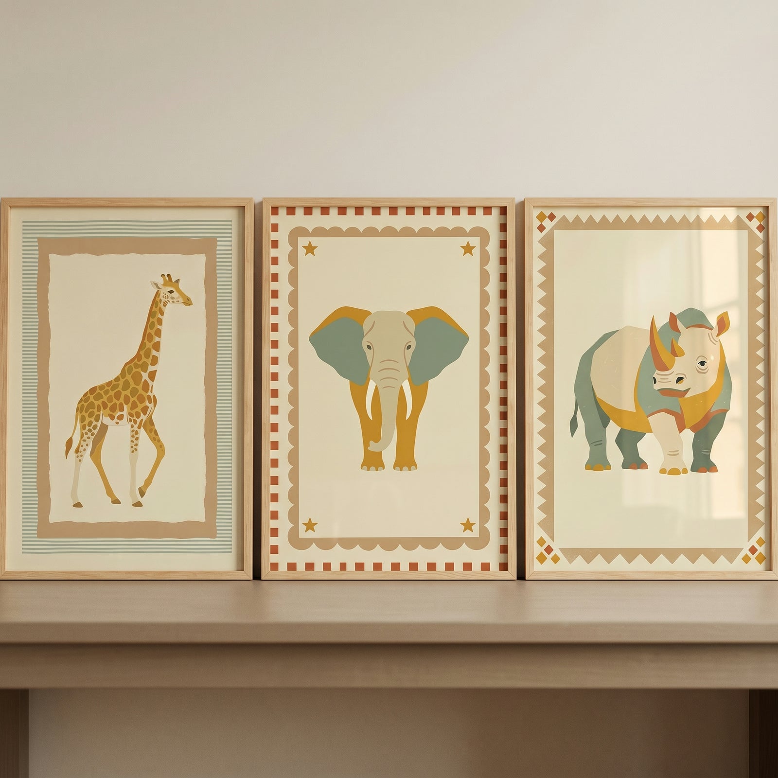 Muted ochre safari animals artwork set of 3 featuring framed giraffe, elephant, and rhino prints on a shelf.