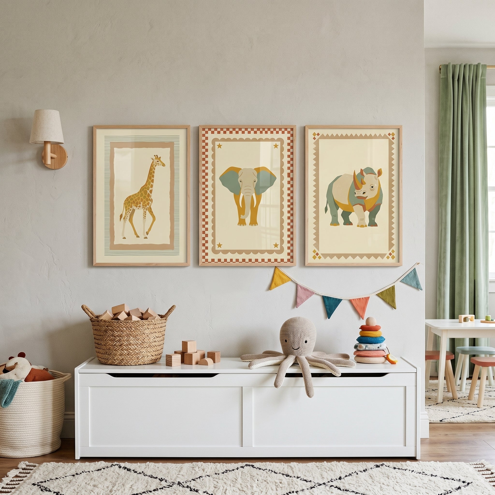 Muted Ochre Safari Animals Artwork Set of 3 - Circus Style Animals