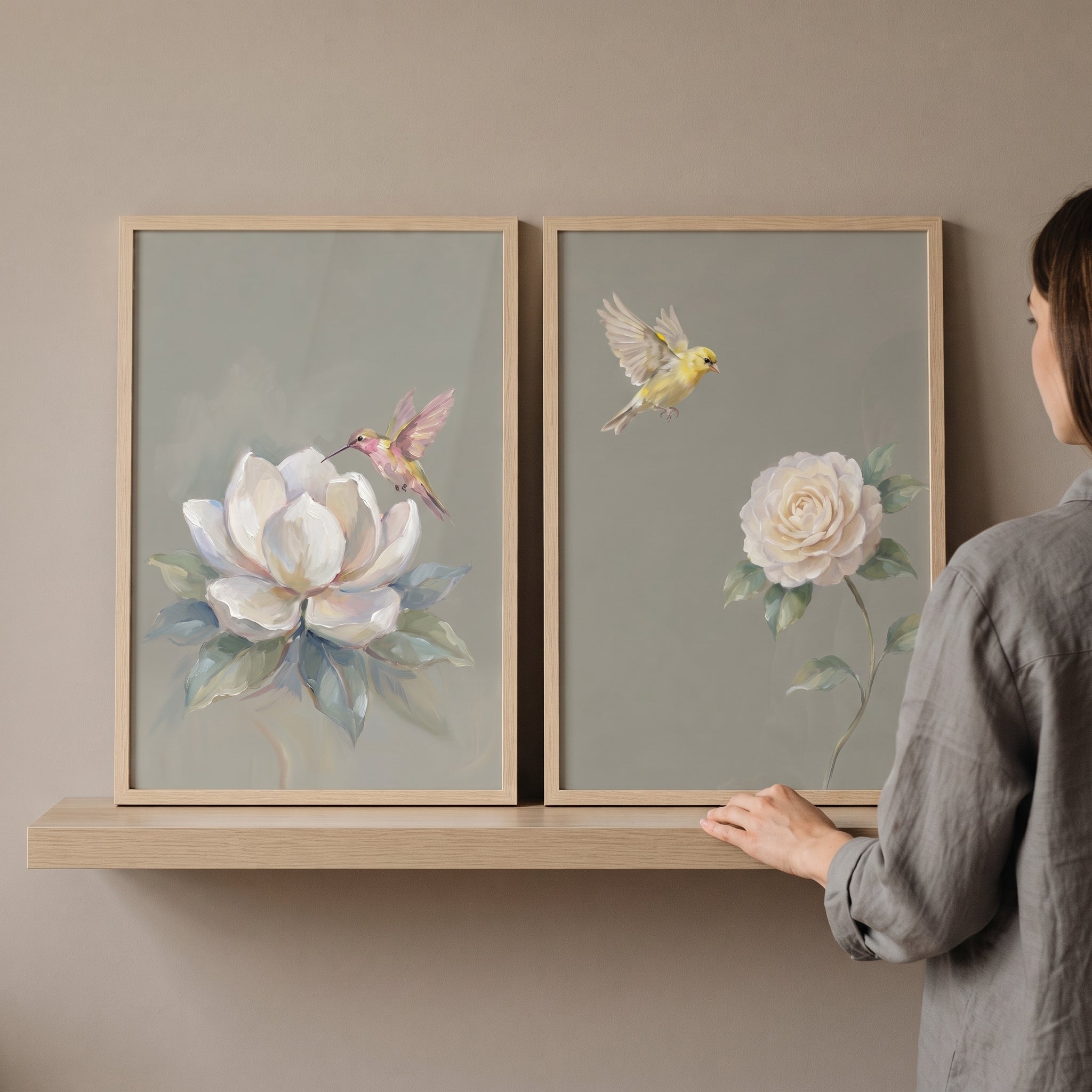 Muted Olive Floral Bird Wall Art Set of 2 - Wings And Petals