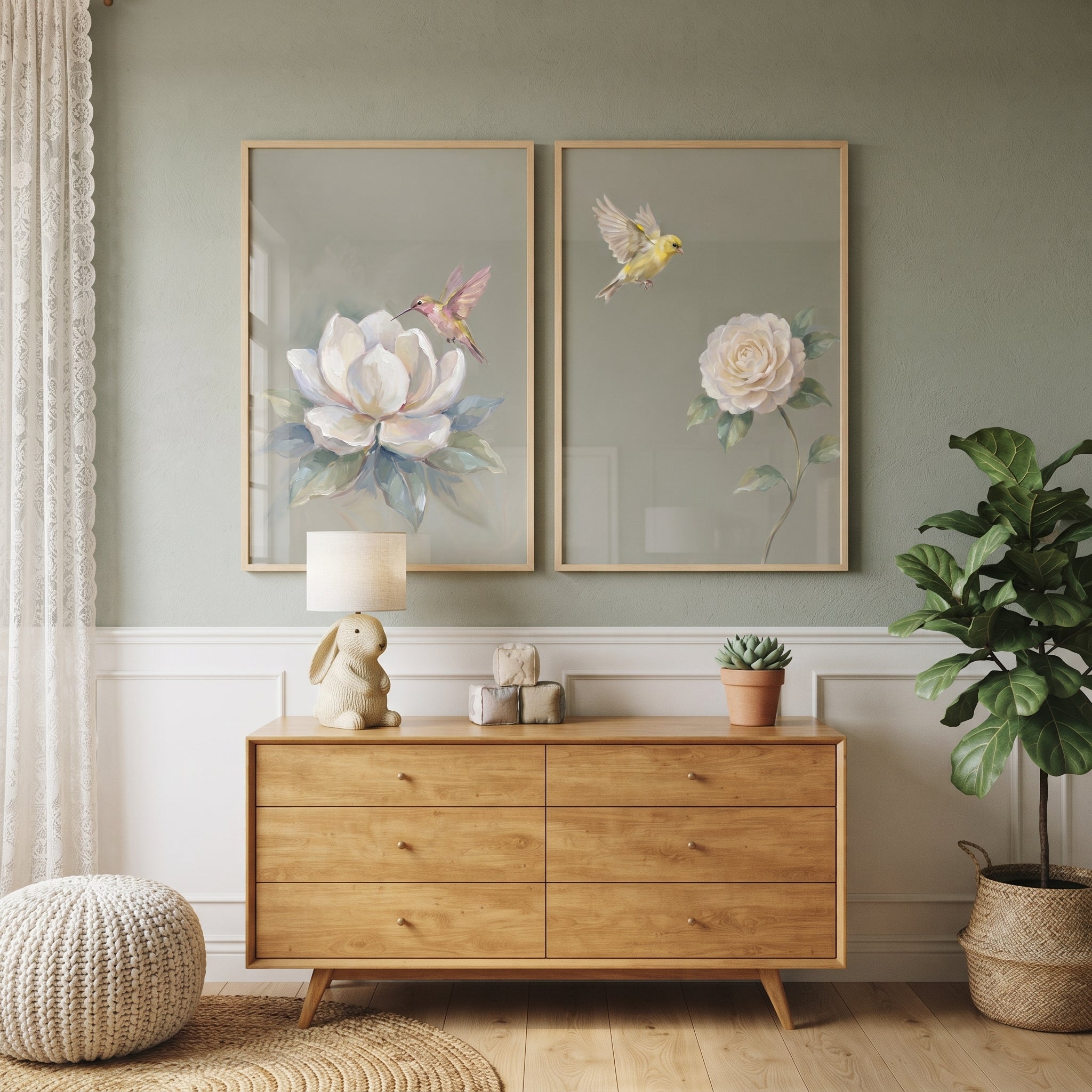 Muted Olive Floral Bird Wall Art Set of 2 - Wings And Petals