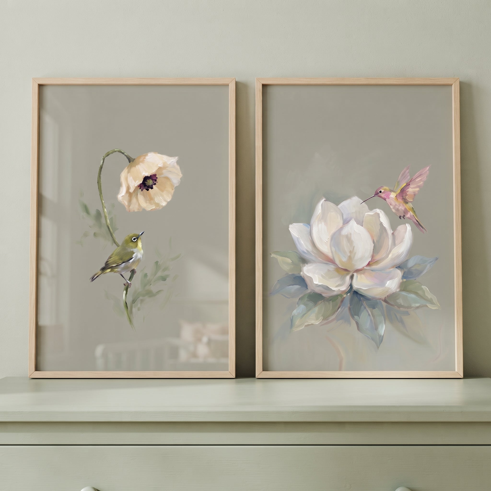 Muted Olive Garden Bird Wall Art Set of 2 - Serene Garden Wings