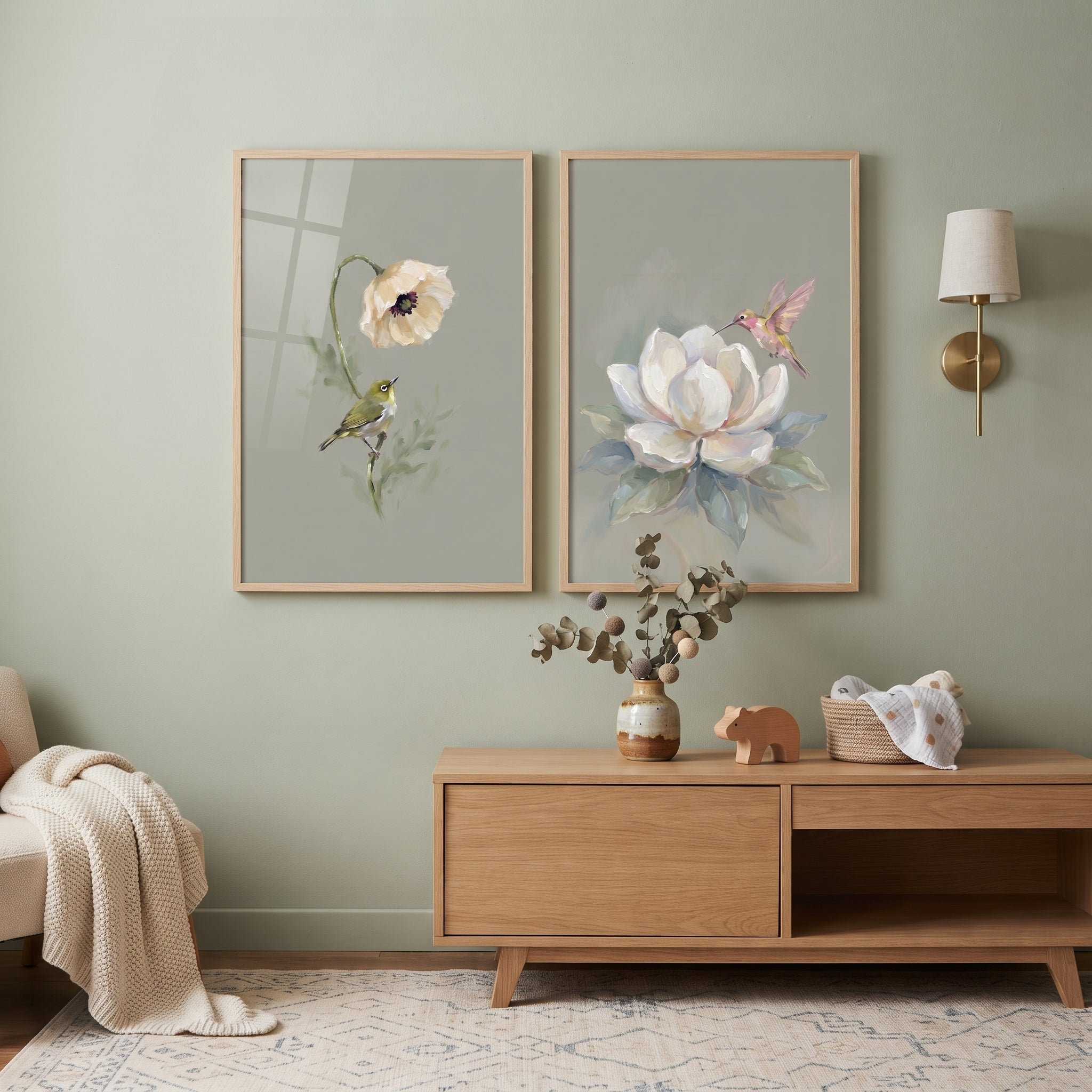 Muted Olive Garden Bird Wall Art Set of 2 - Serene Garden Wings