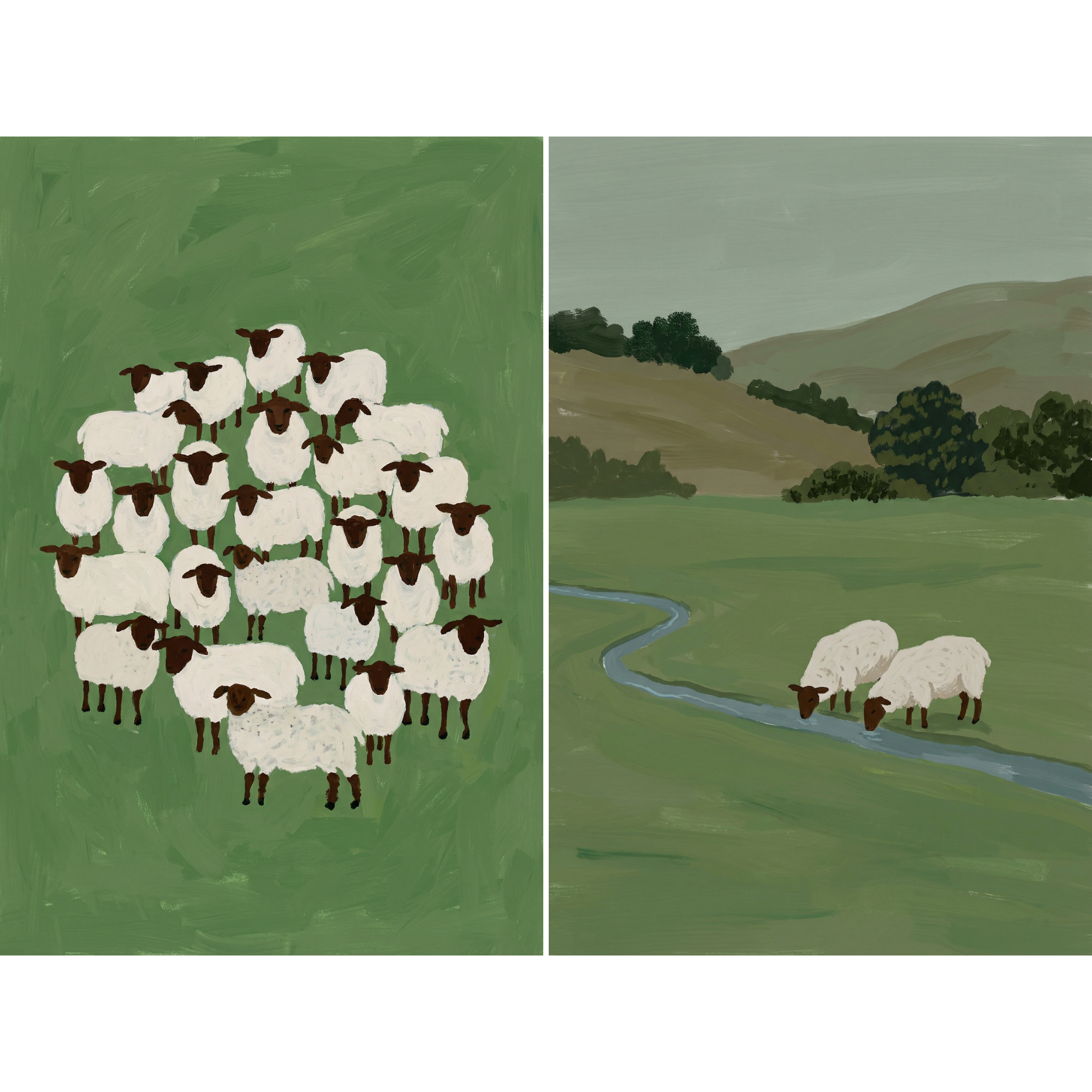 Muted Olive Pastoral Sheep Wall Art Set of 2 - The Woolly Flock