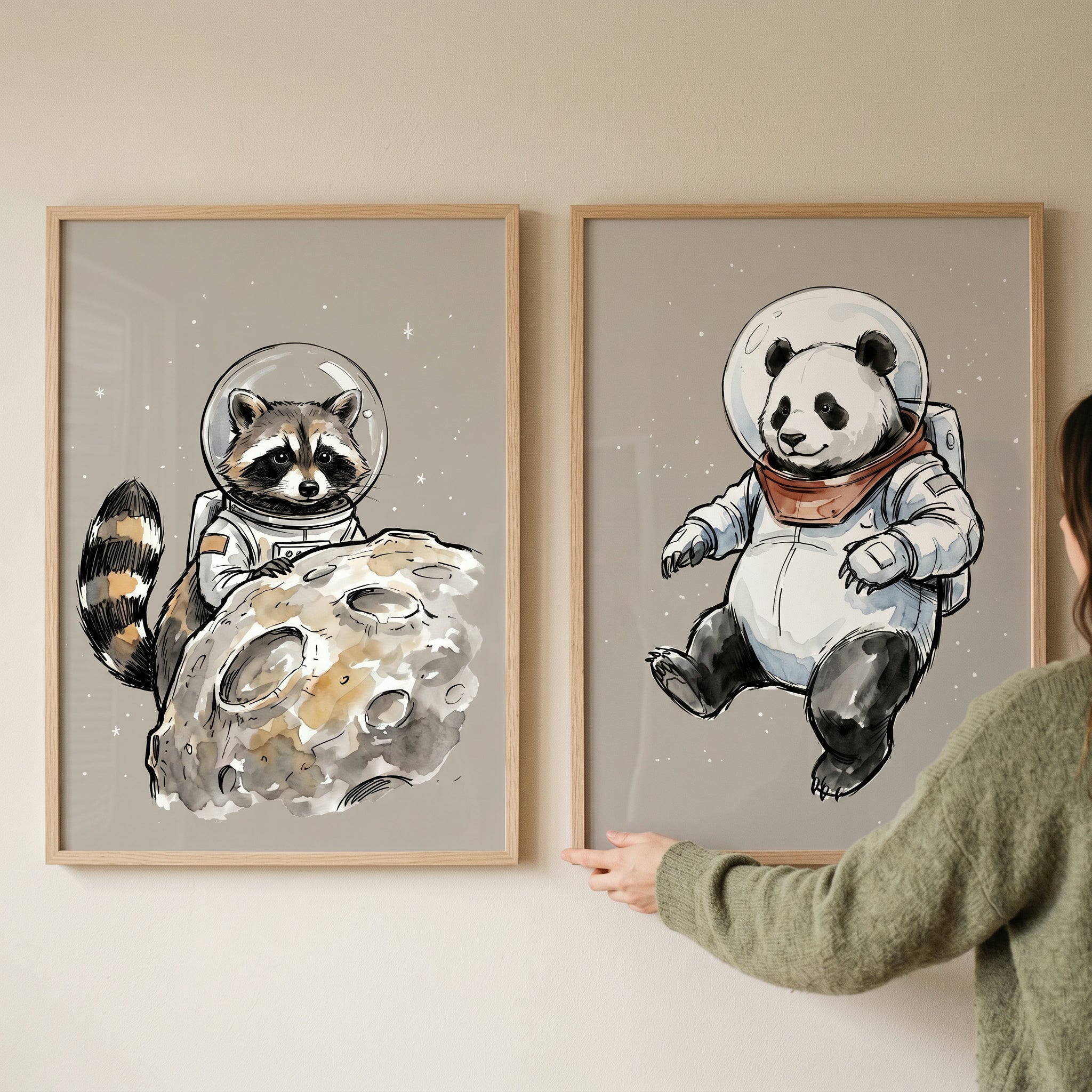Muted Palette Cosmic Animal Wall Art Set of 2 - Stellar Space Friends