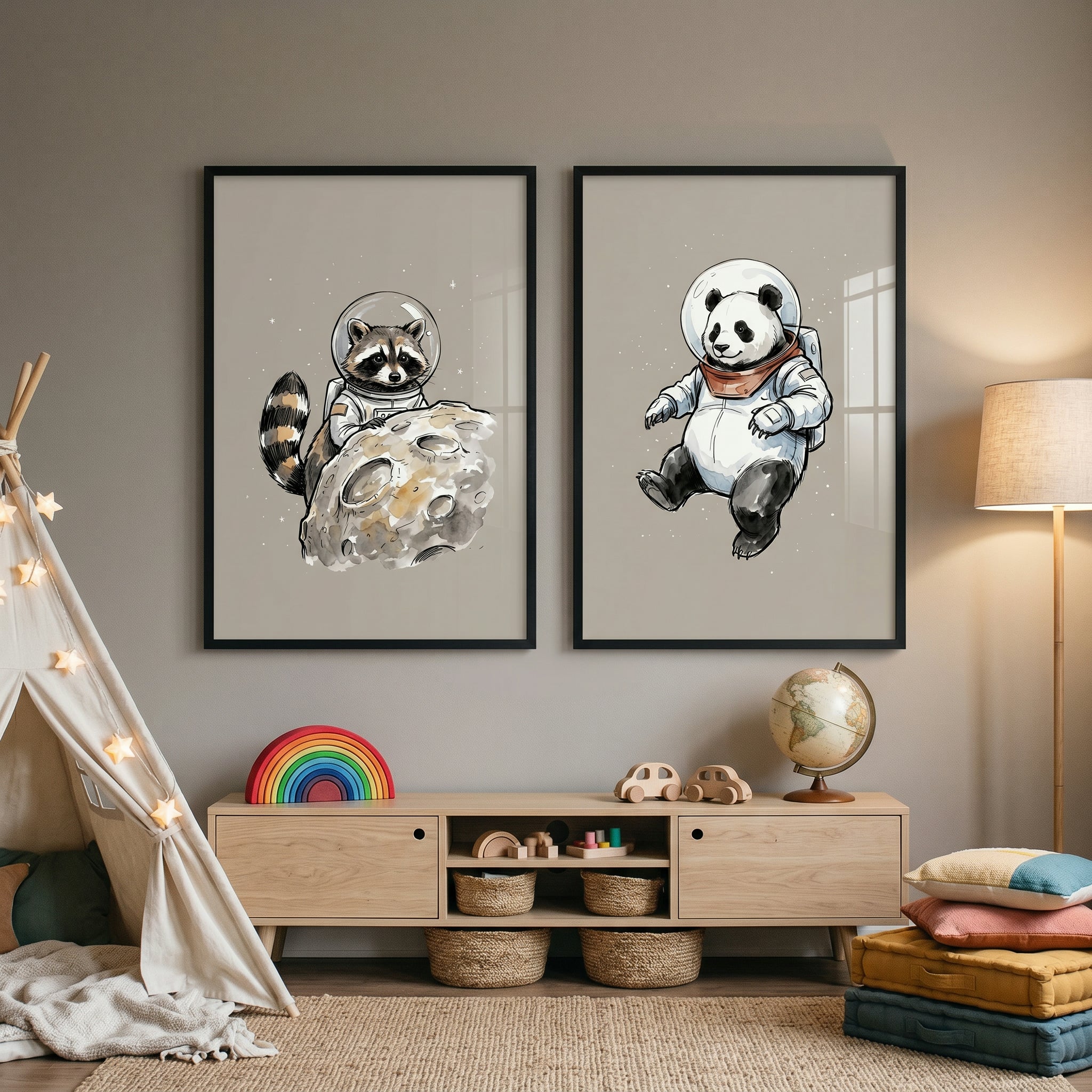 Muted Palette Cosmic Animal Wall Art Set of 2 - Stellar Space Friends