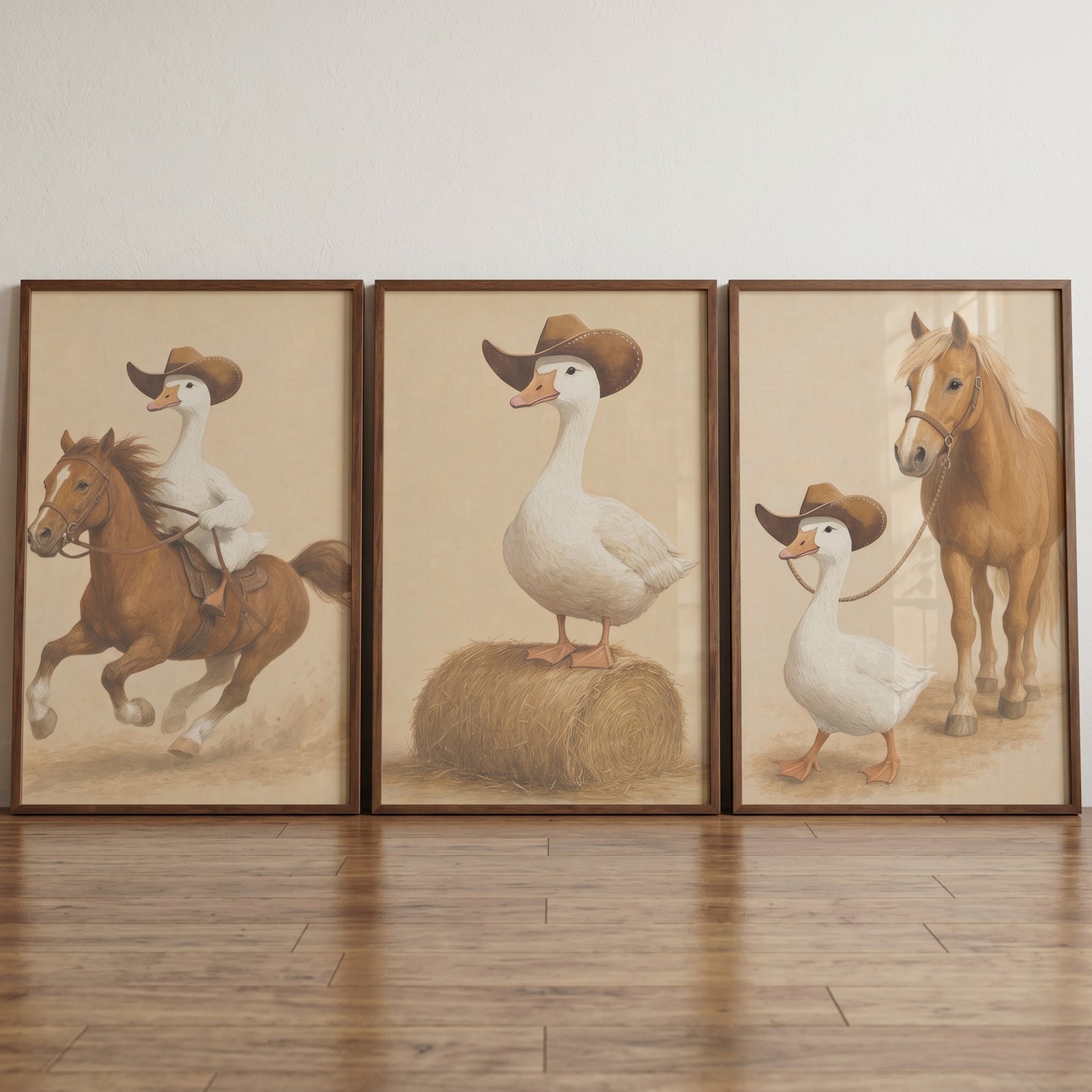 Muted palette cowboy goose wall art set of 3 featuring geese in hats riding a horse, on hay, and leading a horse.