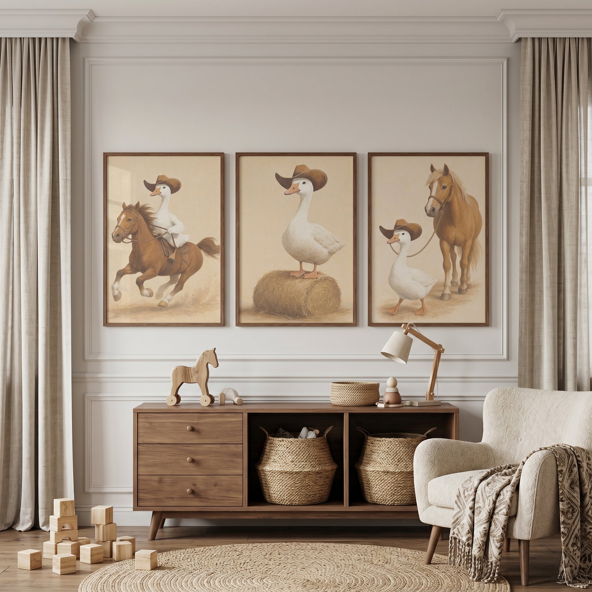 Muted Palette Cowboy Goose Wall Art Set of 3 - Wild West Duck