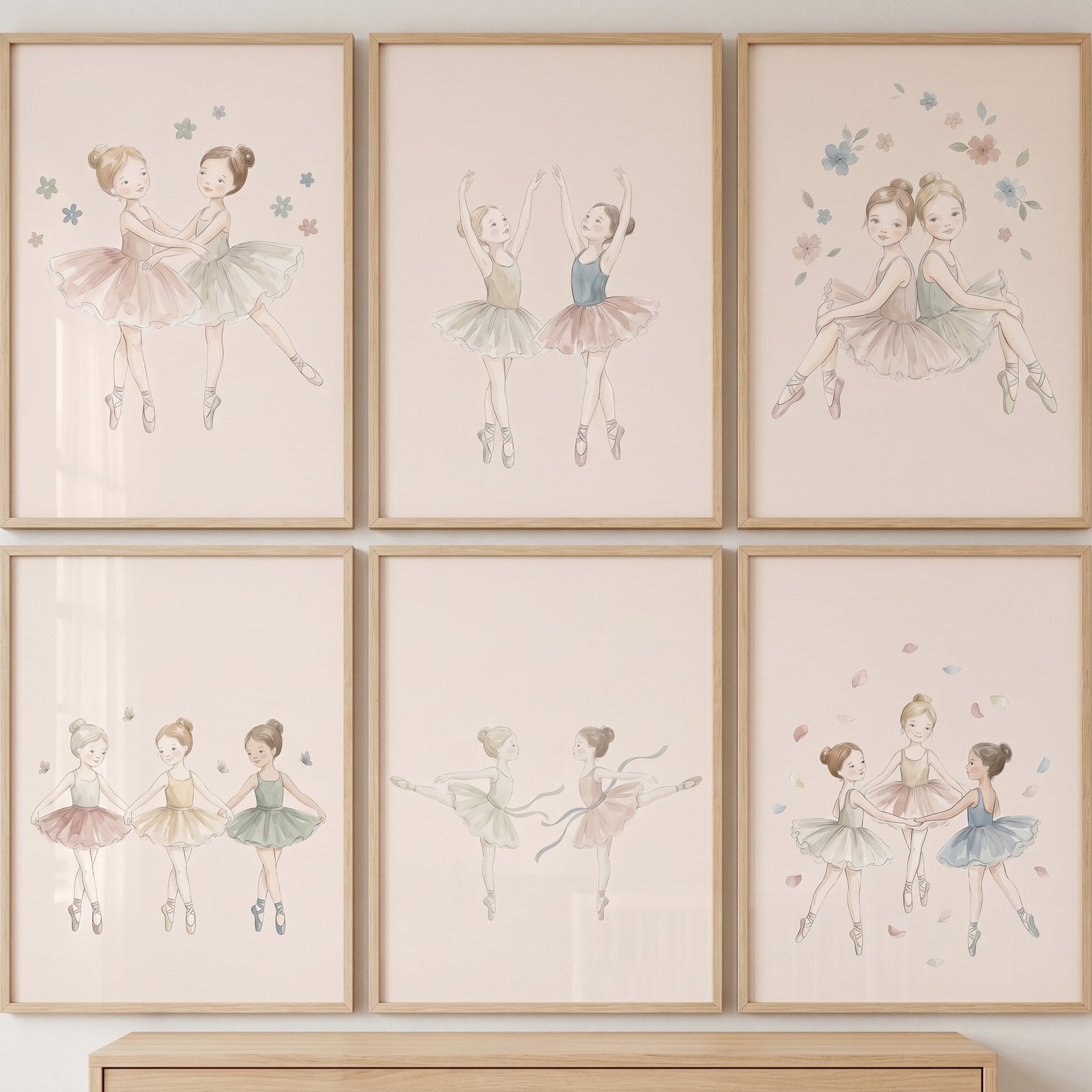 Muted palette dancing ballerina wall art set of 6 depicts young girls in tutus in soft-toned illustrations.