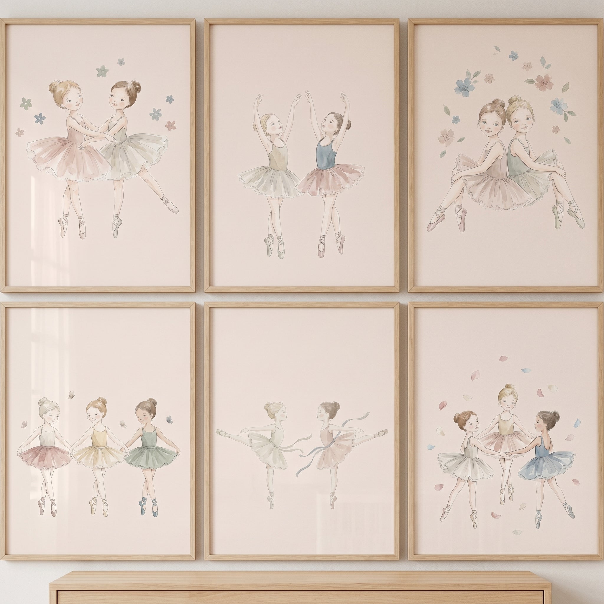 Muted Palette Dancing Ballerina Wall Art Set Of 6 - Whimsical Ballet Duo